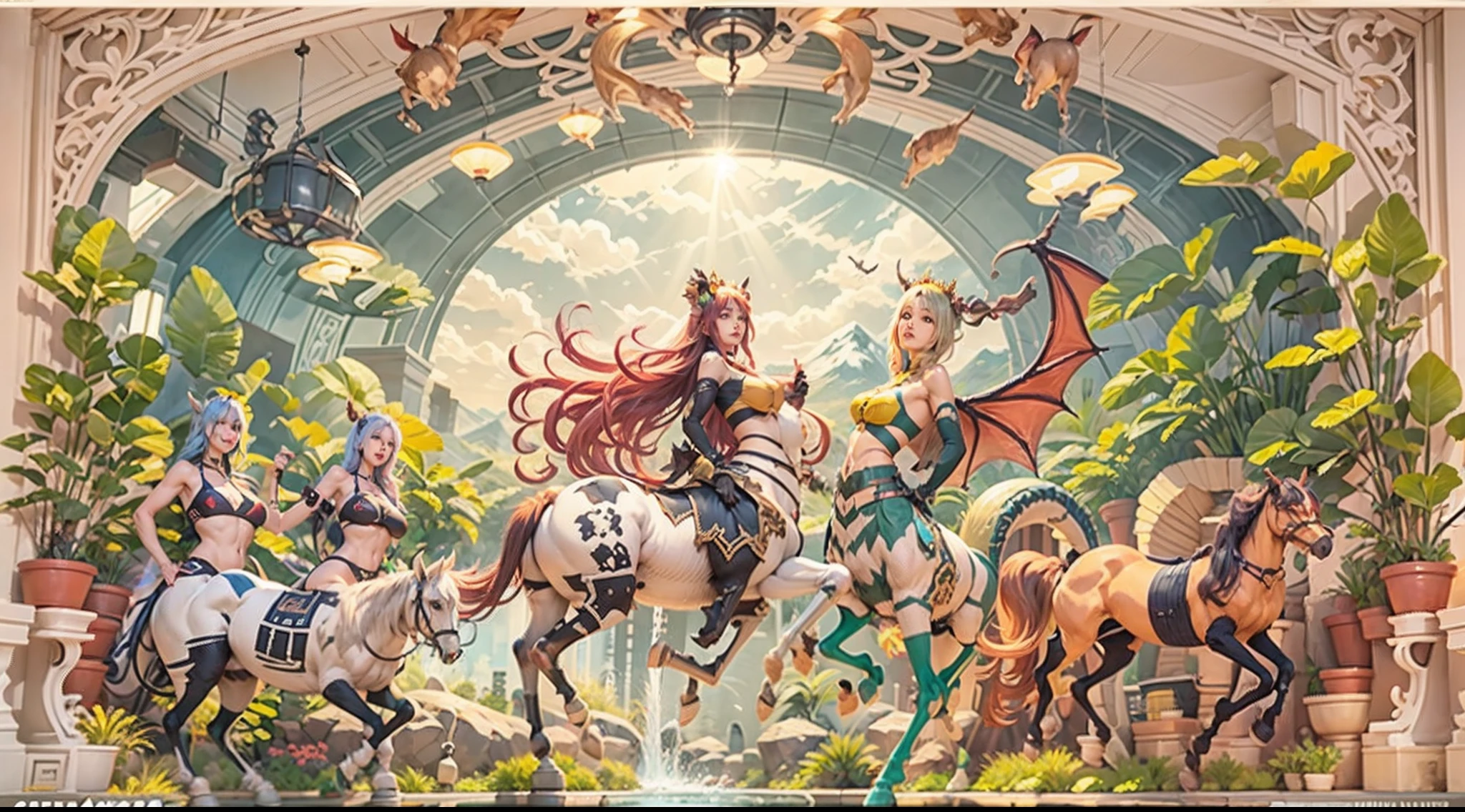 In the beautiful illustration of this super-grand scene,The ultra-distant lens shows us(Over eight separate and distinctive centaur characters:9.9),They all have their own characteristics,Vivid and interesting。Radiant from the heavens(Angelic centaurs:6.6),To nightmarish is(Centaurs surrounded by flames:6.6)、And then to the wind dancing in the air(Fairy centaurs:6.6)、And thunder and lightning surrounding(One-horned centaur:6.6),and shining metallic ones(Mechanical style centaur:6.6)、And then(A centaur with colorful dragon scales covering the whole body:6.6)The power is powerful、Elegant and agile(Elf centaur's slenderness:6.6)Gracefully wears a flower crown、Enchanting and charming(Tiflin centaurs:6.6)、Have the indescribable(Raised sexy:6.6)'s(Succubus centaurs:6.6)。Each character has their own unique charms and abilities。The illustration uses advanced artistic techniques and tools,(Use nesting、woven、stitching、ssee-through、arrange、grouping、Storyboards and other methods,Divide the scene into sections by geometric arrangement:9.9),Each section corresponds to a centaur character,This makes more efficient use of space。Through Midjourney's advanced brush tools、Color palette、Material packs and model packs、Texture tools,For each centaur, beautiful props are designed to increase racial characteristics、Clothing and physical features,(Enhances the character's personality and visual appeal:2.5),The scenery in the illustrations is stunning,There are changing skies、rainbowing、extreme light、Stars and Moon。Incorporating iconic landmarks such as Mount Everest,and fireworks、tranquil lake、Natural and urban elements of waves and neon lights,Creates a magical atmosphere,The centaurs display their unique abilities and equipment in a variety of environments,This is true even in extreme alien landscapes。(Use Midjourney's tools、Material packs、Texture tools、The color palette makes depicting details vivid and realistic:9.9),From complex hairstyles and as well as different racial traits、Body、Ap