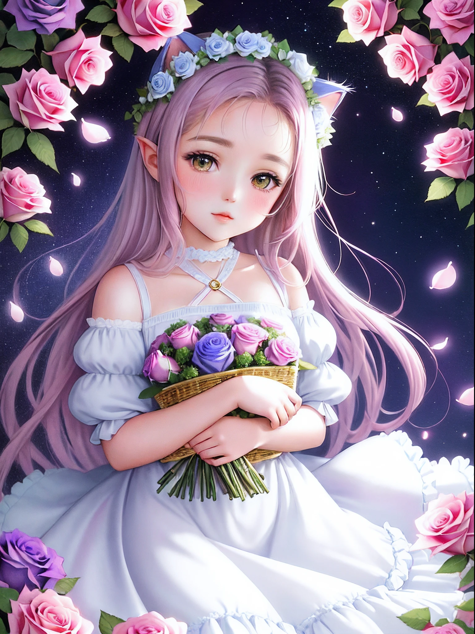(pastel:1.2)、(masterpiece、highest quality、highest quality、Beautiful and beautiful:1.2)、(Excellent anatomy:1.5)、Focus on the eyes、Beautiful Eyes、Shine、Girl with wavy hair、dress、Puff sleeves、tiara、Butterfly Wings、Adorable smile、Staring at butterflies、Both hands gently enveloping the flower、Gradient flowers、pastel、Gentle Light、Fractal Art