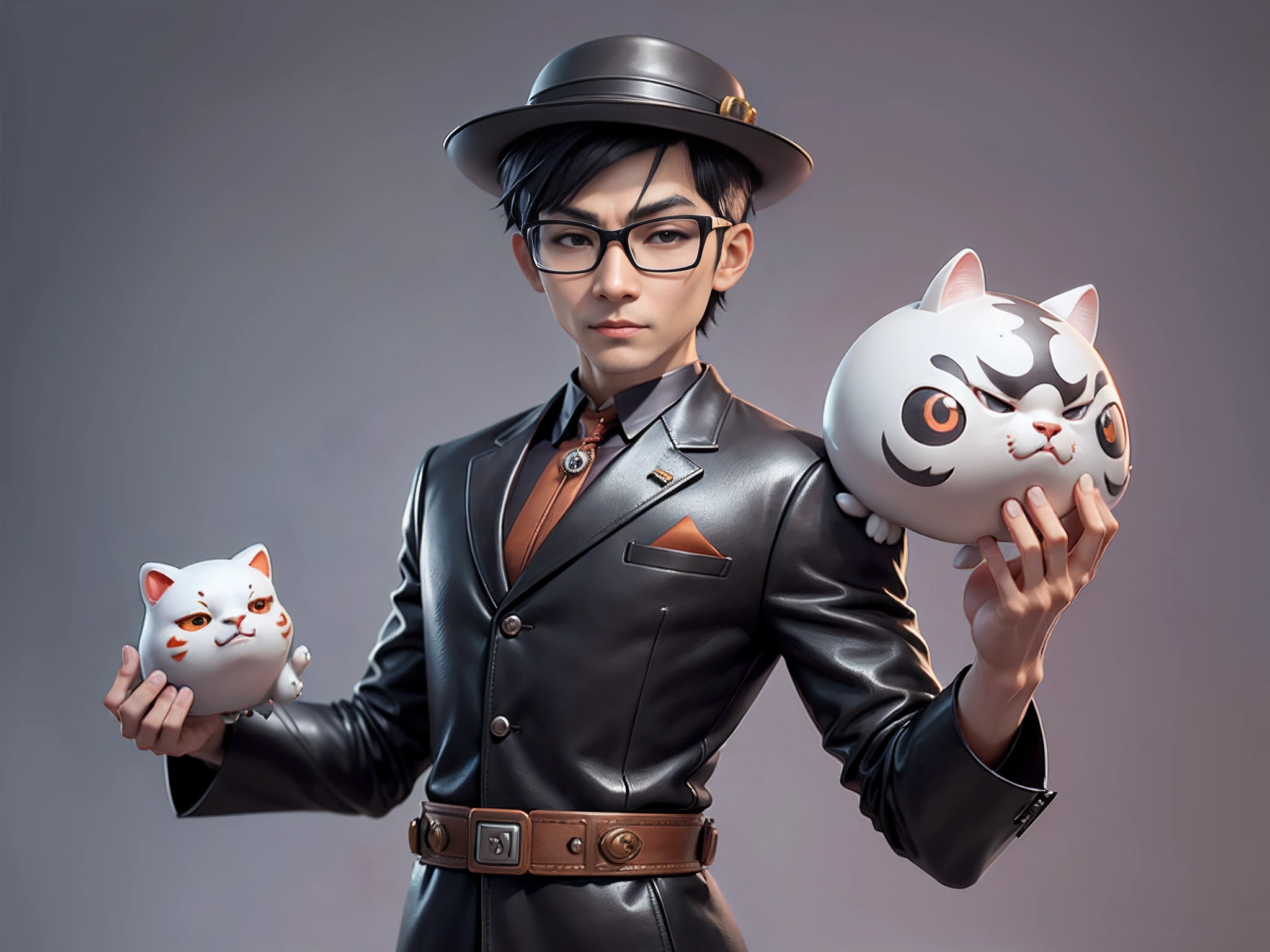 Young man with oriental face in leather hat, dragon, formal suit, short black hair, silver glasses, digital painting, 3D character design by Mark Clairedon and Pixar and Hayao Miyazaki and Akira Toriyama, the illustration is a high-definition illustration in 4K resolution with very detailed facial features and cartoon-style visuals.