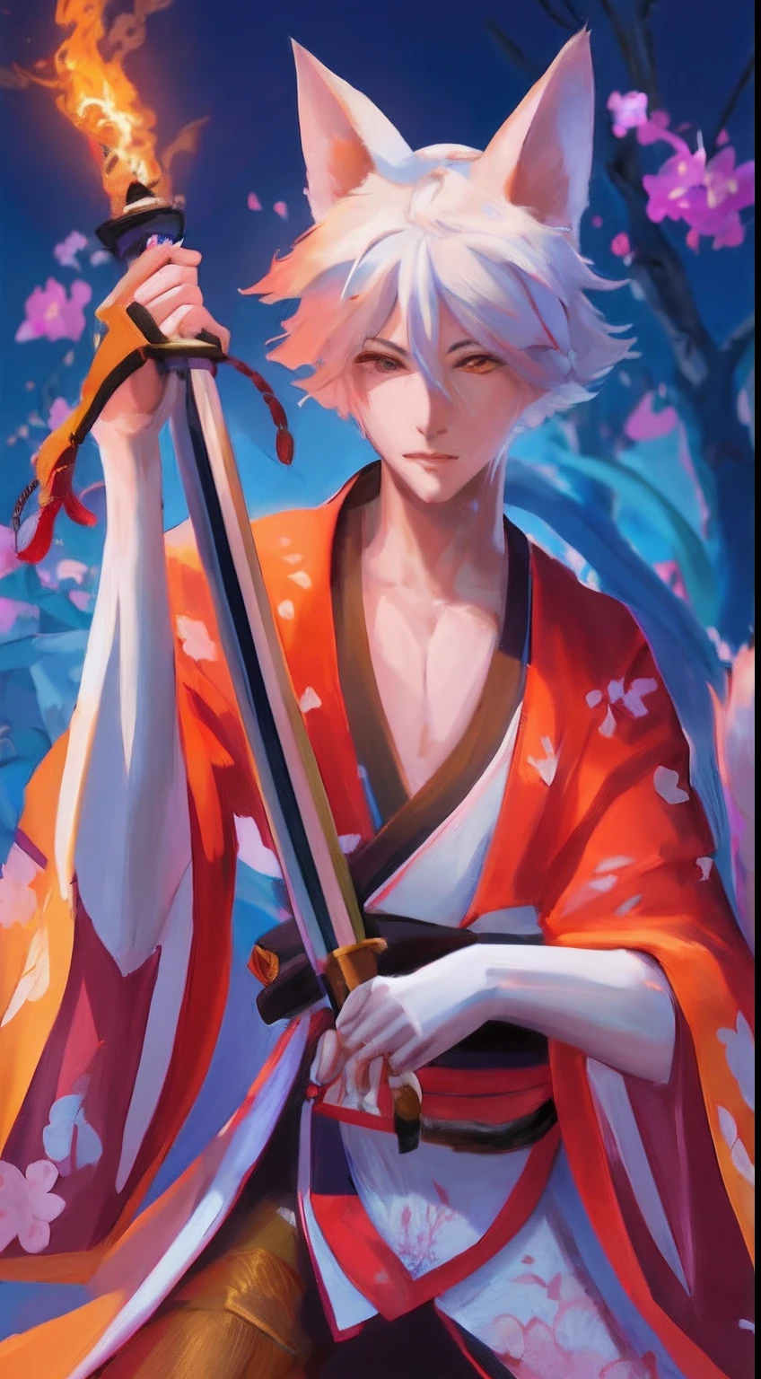 anime boy with a sword and a cat in a kimono outfit, fox nobushi holding a naginata, white fox anime, white - haired fox, onmyoji portrait, badass anime 8 k, onmyoji detailed art, anime style 4 k, fox nobushi, anime art wallpaper 4 k, anime art wallpaper 4k, onmyoji