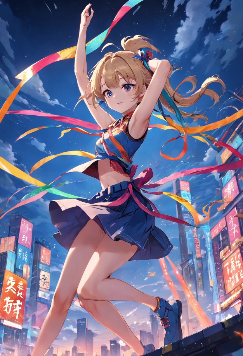 The male protagonist Haotian jumped onto a pile of tall scrap,Hand-held a long pole,Dancing colorful ribbons on the poles,Waving into the sky。