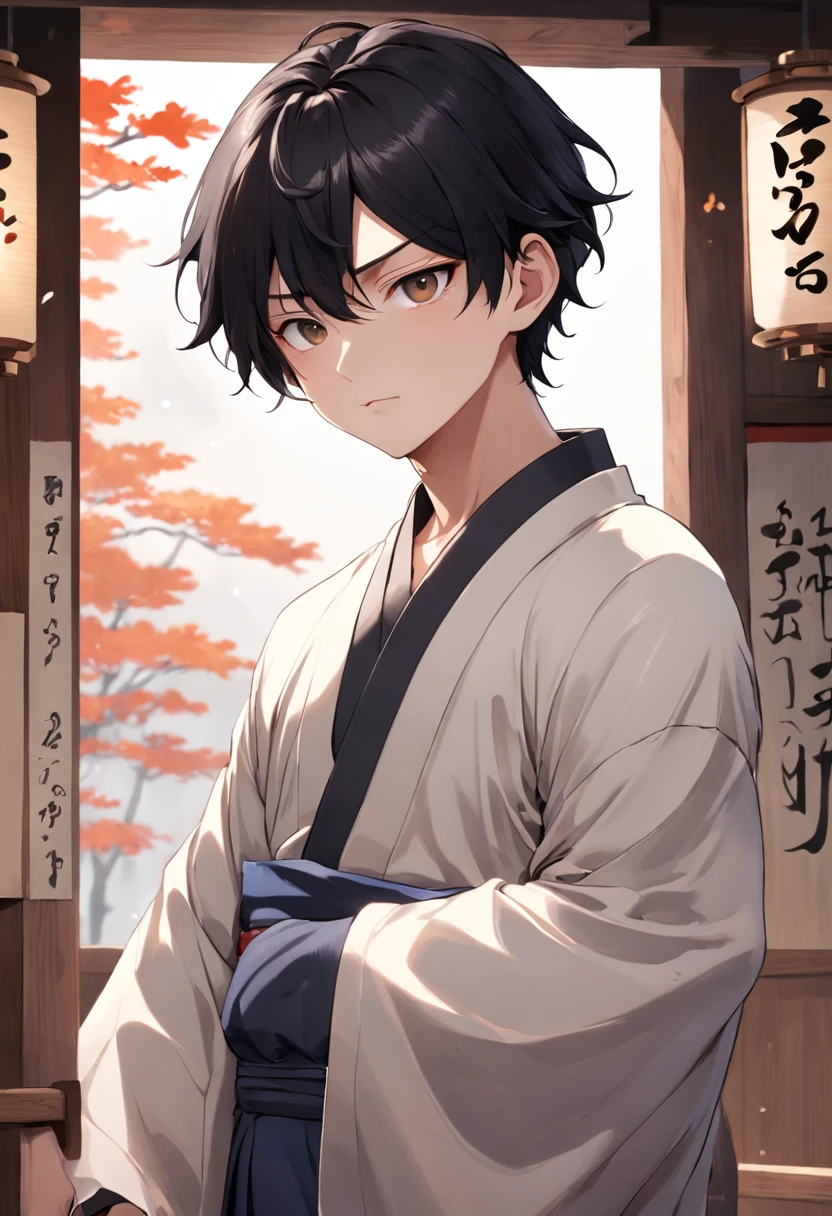 「japanes、A dark-haired、Center Part、Medium hair、4K、male people」charicature、Natural black hair color、Clean skin tone、Simple clothing colors、Clean and intelligent design、Includes character icons with natural expressions and poses、Black hair texture or skin texture、The texture reflects the fabric feel of the garment and the well-formed center-part hair lines are drawn.。