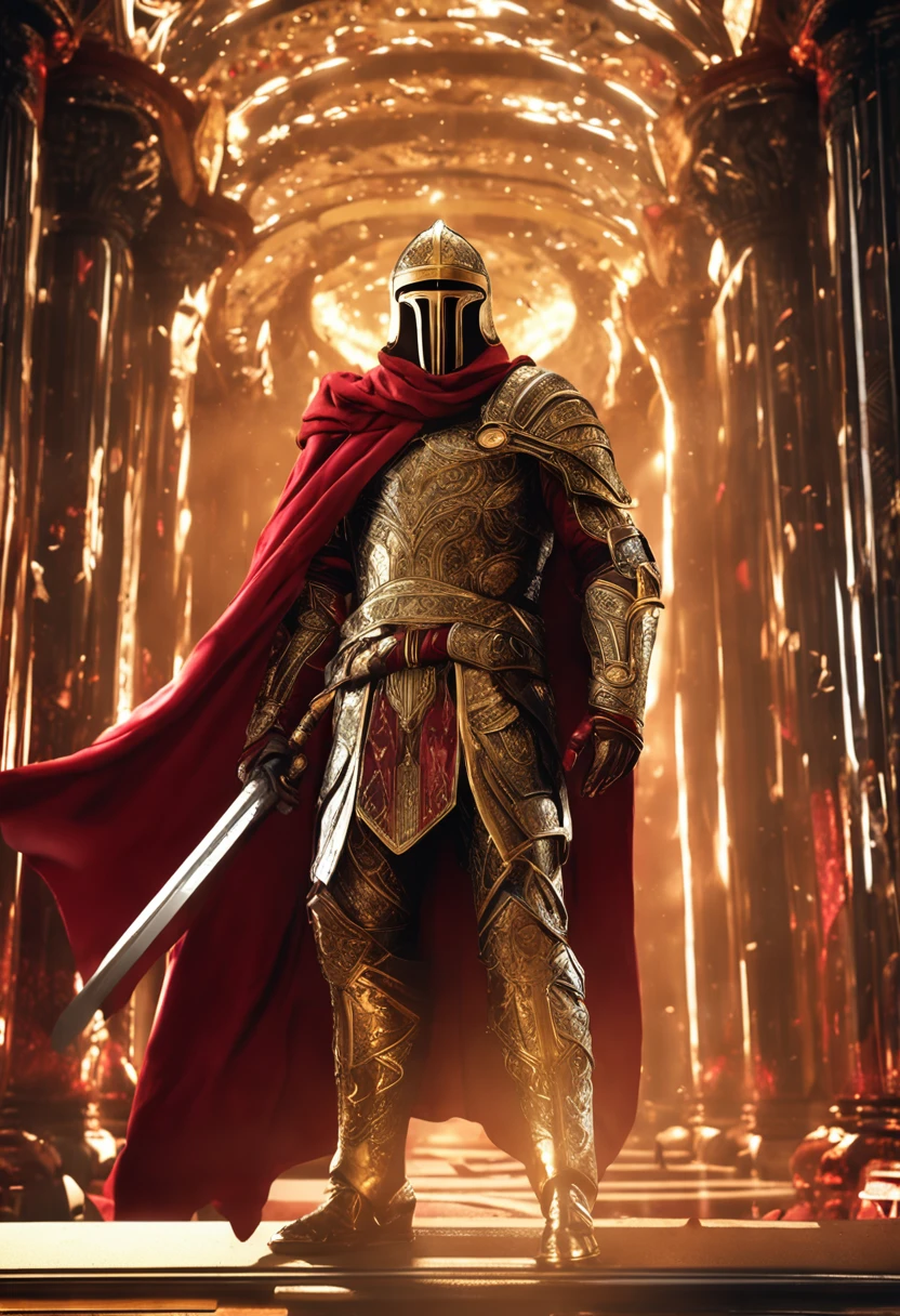 (Ultra-detailed CG unity 8k wallpaper, Masterpiece, Best quality, Depth of field, hdr, Intricate), Tall sinister dark killer，Wearing a metal mask，Bright blood-red eyes，Golden Praetorian Guard armor，Behind him is wearing a gorgeous golden cloak，In his left hand, he holds a sharp giant sword in one hand，Walk through the golden majestic palace, On both sides of the palace stood countless people wearing golden Janissary armor，(Intricate: 1.4) (Masterpiece: 1.4) (illustration: 1.4), Red studio lighting, Post-processing, 8K resolution, Dark background, Imposing, Well-composed photos, Impressive, Dark fantasy，Cinematic real