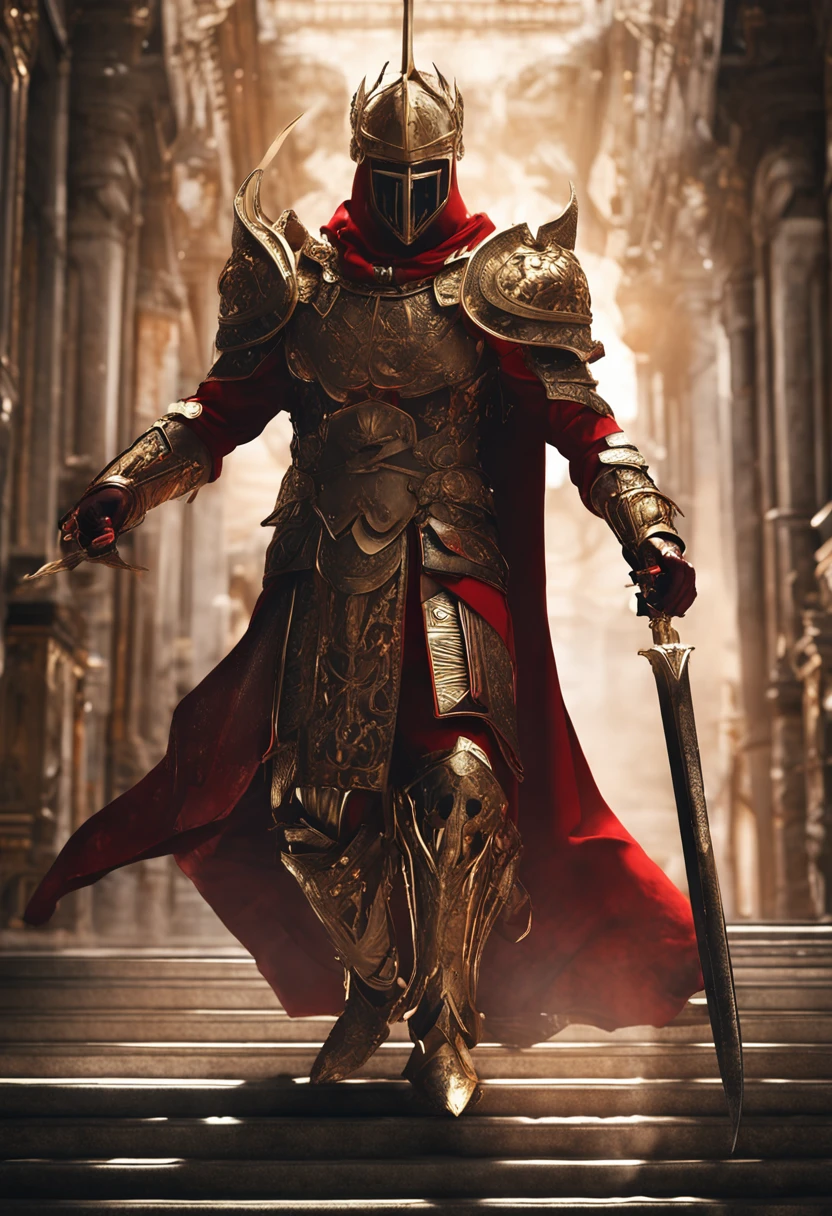 (Ultra-detailed CG unity 8k wallpaper, Masterpiece, Best quality, Depth of field, hdr, Intricate), Tall sinister dark killer,Wearing a metal mask,Bright blood-red eyes,Golden Praetorian Guard armor,Behind him is wearing a gorgeous golden cloak,In his left hand, he holds a sharp giant sword in one hand,Walk through the golden majestic palace, On both sides of the palace stood countless people wearing golden Janissary armor,(Intricate: 1.4) (Masterpiece: 1.4) (illustration: 1.4), Red studio lighting, Post-processing, 8K resolution, Dark background, Imposing, Well-composed photos, Impressive, Dark fantasy,Cinematic real