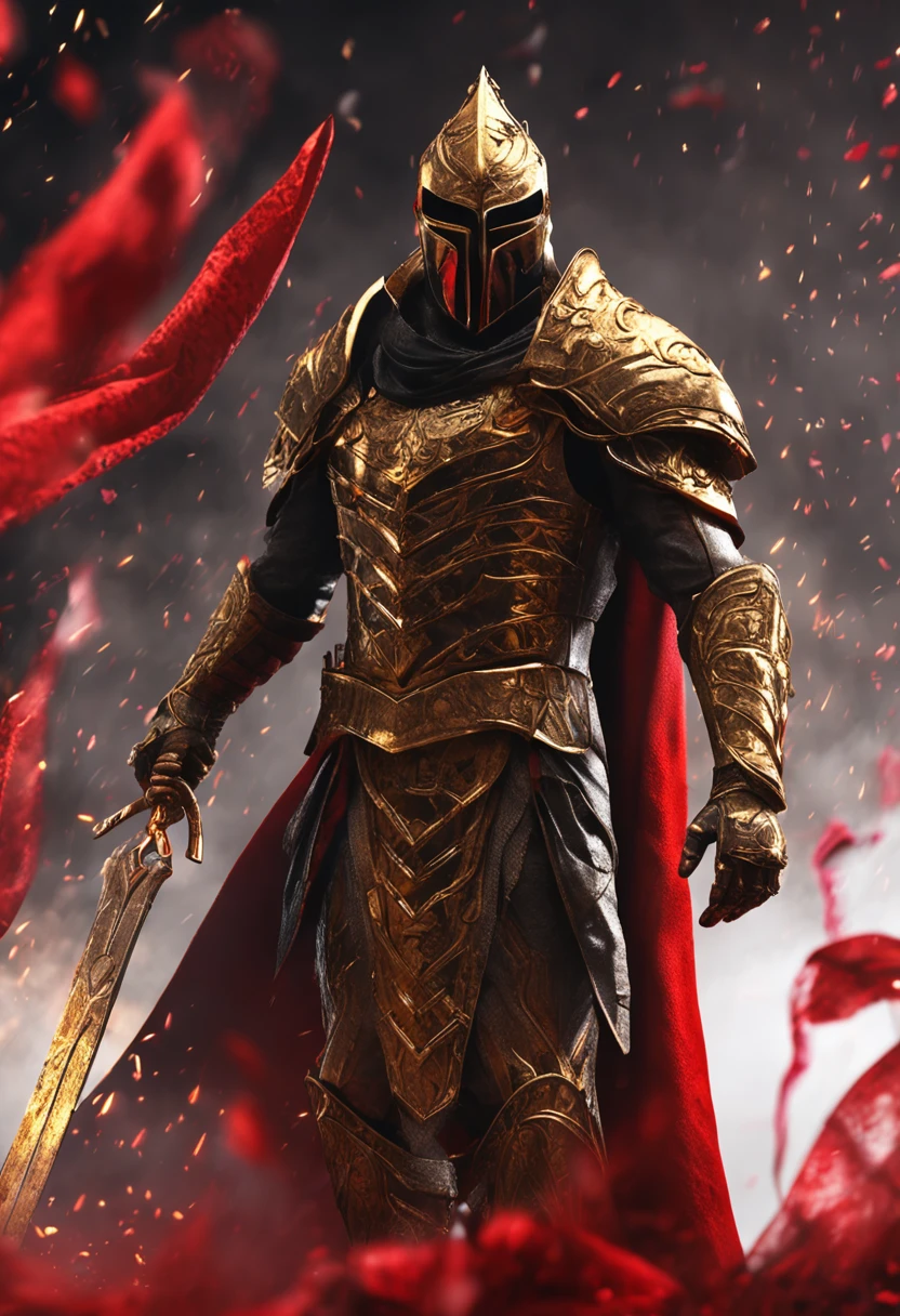 (Ultra-detailed CG unity 8k wallpaper, Masterpiece, Best quality, Depth of field, hdr, Intricate), Tall sinister dark killer，Wearing a metal mask，Bright blood-red eyes，Golden Praetorian Guard armor，Behind him is wearing a gorgeous golden cloak，In his left hand, he holds a sharp giant sword in one hand，Walk through the golden majestic palace, On both sides of the palace stood countless people wearing golden Janissary armor，(Intricate: 1.4) (Masterpiece: 1.4) (illustration: 1.4), Red studio lighting, Post-processing, 8K resolution, Dark background, Imposing, Well-composed photos, Impressive, Dark fantasy，Cinematic real