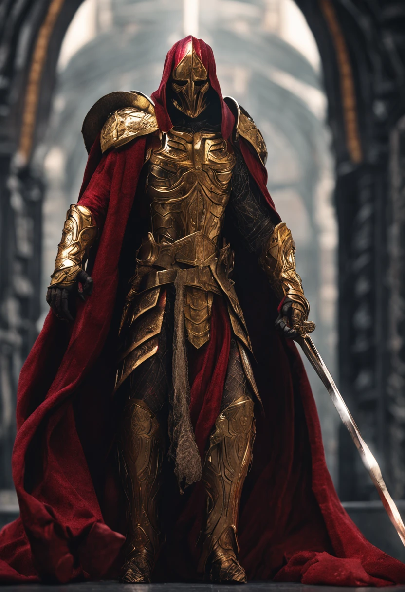 (Ultra-detailed CG unity 8k wallpaper, Masterpiece, Best quality, Depth of field, hdr, Intricate), Tall sinister dark killer，Wearing a metal mask，Bright blood-red eyes，Golden Praetorian Guard armor，Behind him is wearing a gorgeous golden cloak，In his left hand, he holds a sharp giant sword in one hand，Walk through the golden majestic palace, On both sides of the palace stood countless people wearing golden Janissary armor，(Intricate: 1.4) (Masterpiece: 1.4) (illustration: 1.4), Red studio lighting, Post-processing, 8K resolution, Dark background, Imposing, Well-composed photos, Impressive, Dark fantasy，Cinematic real