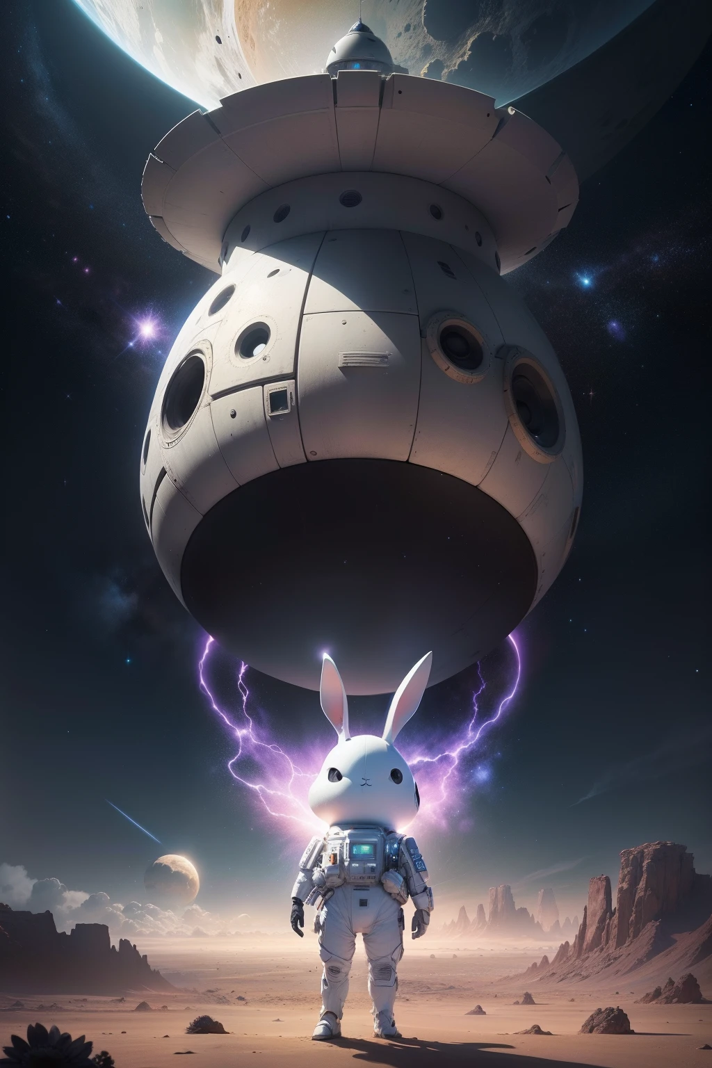 A Strange little white bunny, lands a black sunflower seed shaped spaceship, on an alien desert planet with many oasis, every step he takes explodes in colored light and sound shockwaves, alien peoples greet him, dust sky of fluffy clouds colored by magentas blues and violets, 64k resolution photorealistic hyperdetailed beginning to see stars in the evening sky in the art style of 1970's sci-fi fiction paperback novels.