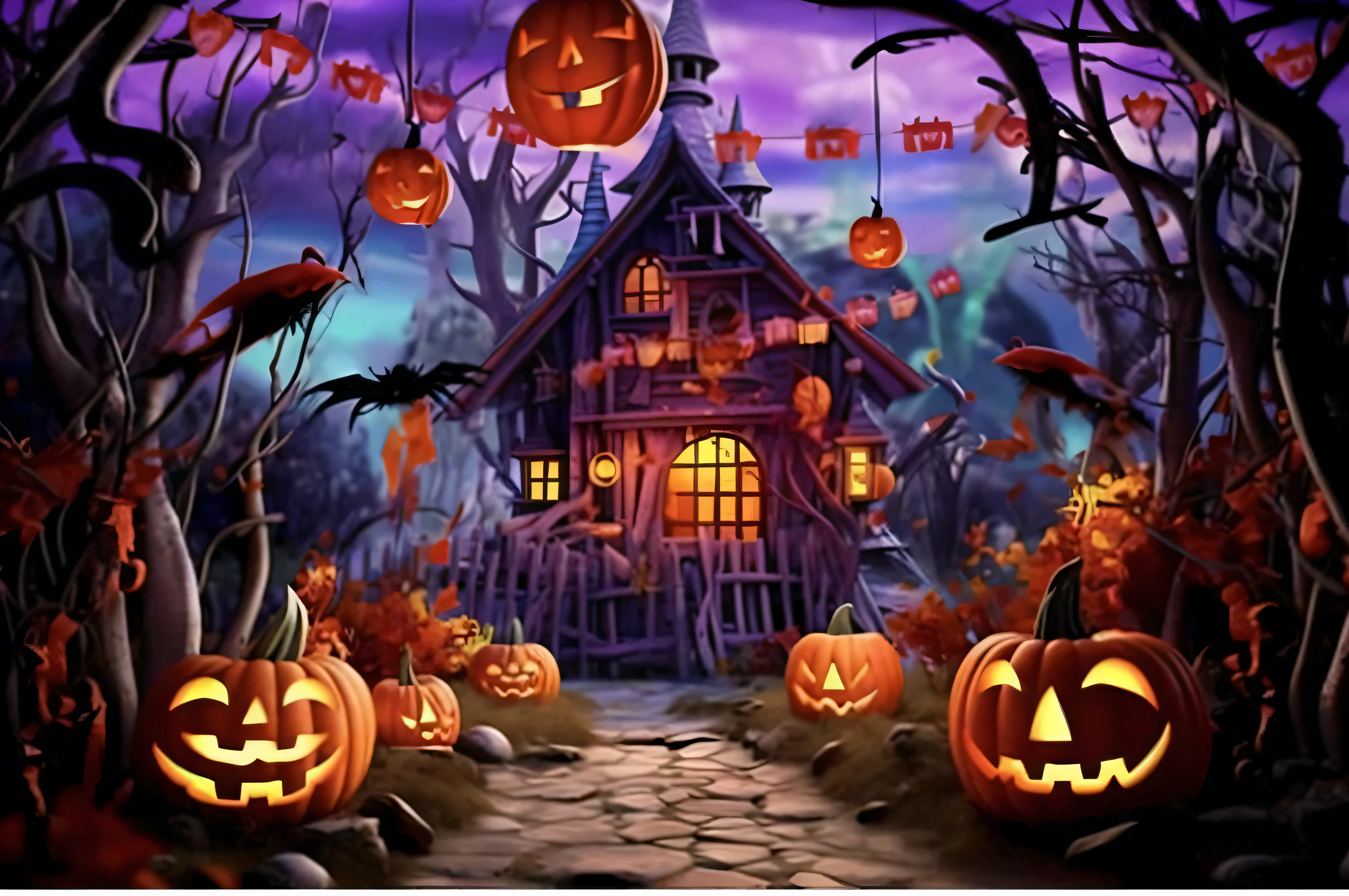 A Halloween scene with a painting of a pumpkin and a house, haunted house themed, halloween scene, halloween theme, halloween celebration, halloween atmosphere, halloween art style, spooky halloween theme, halloween night, foreground background, ❤🔥🍄🌪, 🕹️ 😎 🔫 🤖 🚬, 2 5 6 x 2 5 6, 256x256