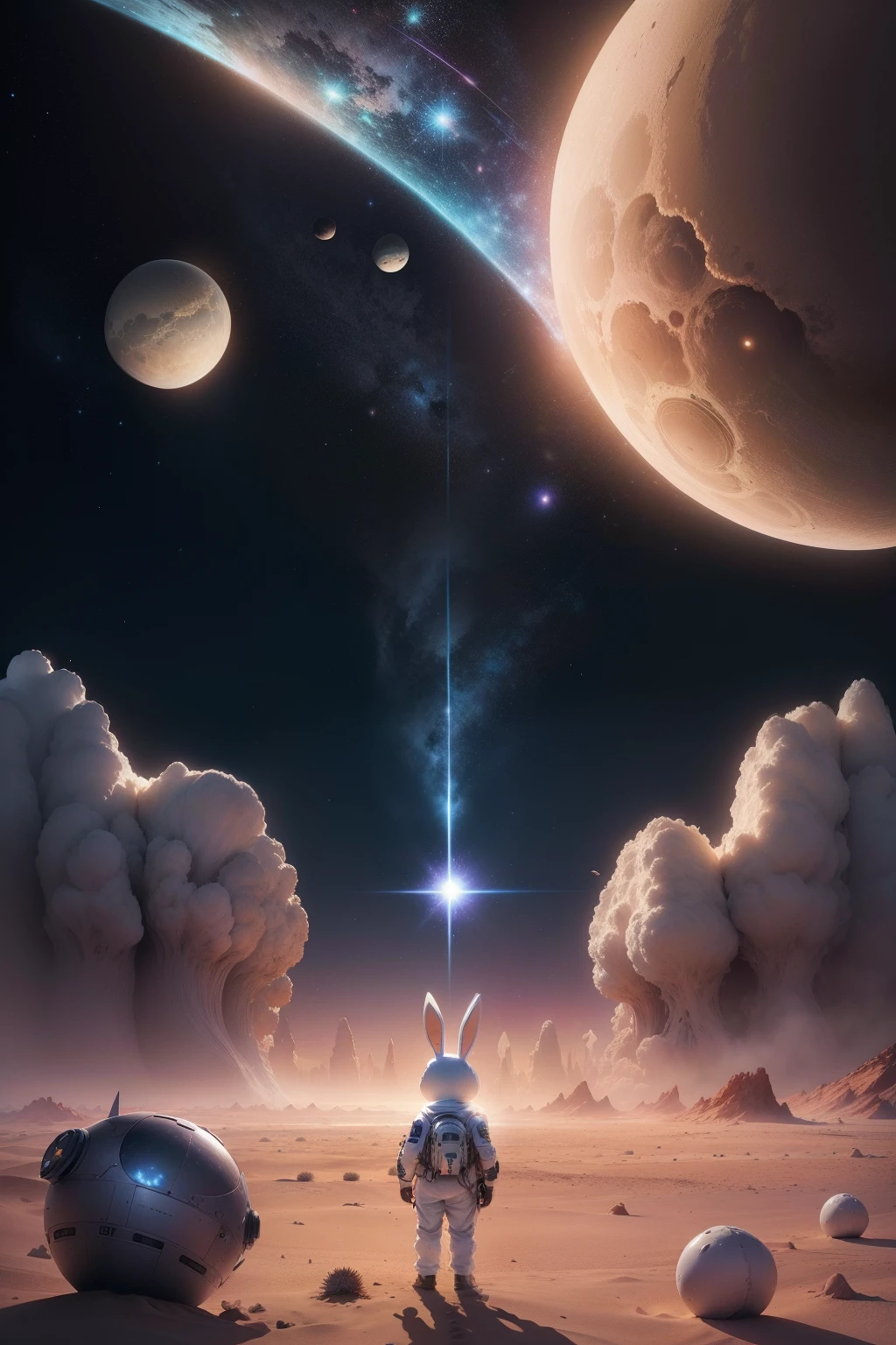 A Strange little white bunny, lands a black sunflower seed shaped spaceship, on an alien desert planet with many oasis, every step he takes explodes in colored light and sound shockwaves, alien peoples greet him, dust sky of fluffy clouds colored by magentas blues and violets, 64k resolution photorealistic hyperdetailed beginning to see stars in the evening sky in the art style of 1970's sci-fi fiction paperback novels.