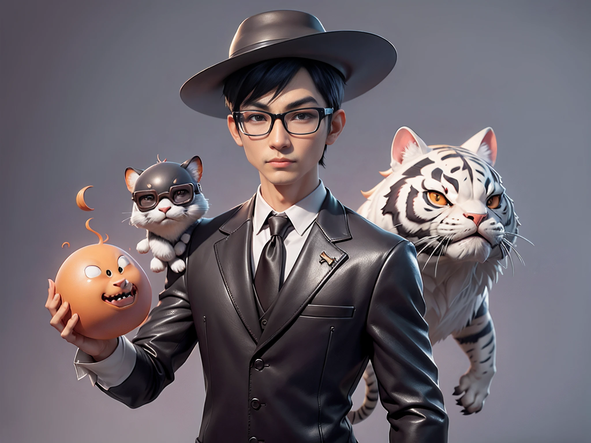 Young man with oriental face in leather hat, tiger, oriental face in formal suit, short black hair, silver glasses, digital painting, 3D character design by Mark Clairedon and Pixar and Hayao Miyazaki and Akira Toriyama, the illustration is a high-definition illustration in 4K resolution with very detailed facial features and cartoon-style visuals.