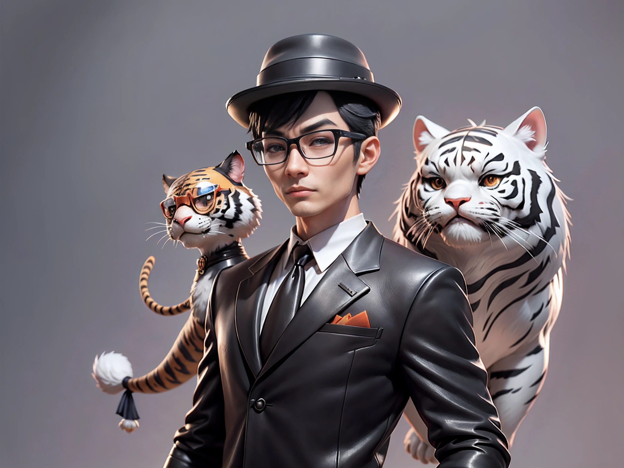 Young man with oriental face in leather hat, tiger, oriental face in formal suit, short black hair, silver glasses, digital painting, 3D character design by Mark Clairedon and Pixar and Hayao Miyazaki and Akira Toriyama, the illustration is a high-definition illustration in 4K resolution with very detailed facial features and cartoon-style visuals.