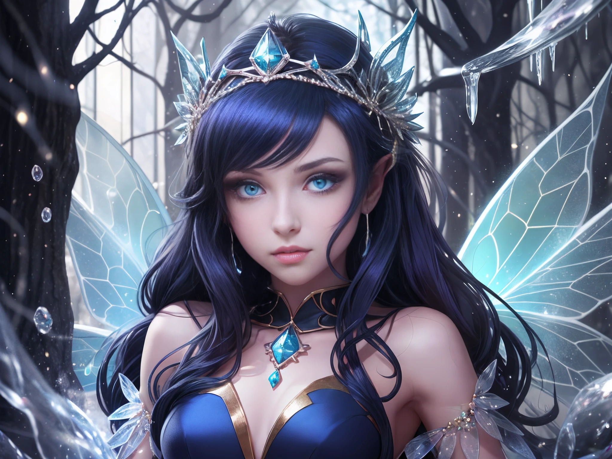 female, dark blue hair, dark blue dress, fairy queen, ice, dark --auto --s2