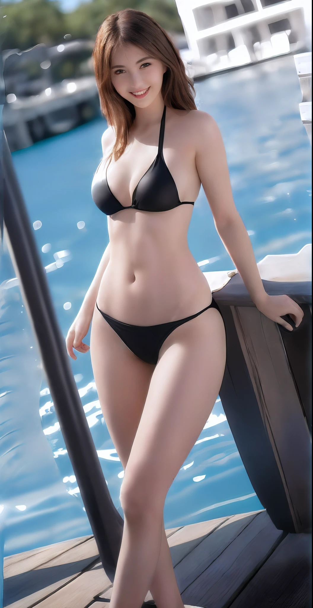(((Cute smile))),(((Beautiful face))),(((Cute 23 year old cute girl:1.3))), raw, Colorful, Sharp Focus, Delicate and beautiful composition, (Sini particles), (Bright dust particles), Best Quality, (Realistic), High quality, Ultra Detail, (realphoto), (Realistic) ,(Realistic skin), (Realistic body) ), (Complex Detail), (Latex skin:0.8), (Detail skin:1.3), (Perfect luster:0.6), (slim:1.2), (Beautiful big eyes:1.2) ,Round eyes, Pretty Face,(1girl in:1.2),[:(Detailed face:1.2):0.2],Sparkling eyes,(pureerosface_v1:0.2),, Realistic moist skin, Dark hair,8K UHD, Digital SLR, High quality, Film grain:1.3, Realistic, Slim waist, Long legs, kindly smile,(Portrait), (Similar to the shape of A.:1.4),Happy expression, Beautiful lighting , Perfect Lightning, Realistic Shadows,1 girl, Solo, (((small head))),(((Look at viewers))),(((Beautiful legs))),(((full body shots))),(((strong breeze))),(full of sweat:1.2),(Wet skin:1.2),(((sparkling oily skin:1.3))), (glossy wet skin), Cinematic Light,(onepiece swimsuit:1.3), (Detailed poolside:1.5),(finerly detailed face:1.2), (masutepiece:1.5), (Best Quality:1.2), (((standing in the pool))),(((Beautiful detailed sky))) ,Short hair, (((1 girl:1.3))),(((Cute 23 year old cute girl:1.5))) (((Bigchest:1.2))),(((cleavage))), Full body, Girlish body, Details naked, Topless Bikini, Small face of detailed beautiful woman, Smile, large, round eyes, Black hair, thin lips, (((No makeup:1.5))) , (Realistic, photographrealistic:1.3), morning, Summer sunshine, araffe woman in a black bikini posing on a dock, full body shot in bikini, black bikini, swimsuit, is wearing a swimsuit, photorealistic perfect body, elegant sleek smooth body, in bikini, black swimsuit, realistic bikini, sultry body with sexy belly, gorgeous bikini model, elegant bikini, in a bikini, attractive body, photo of slim girl model
