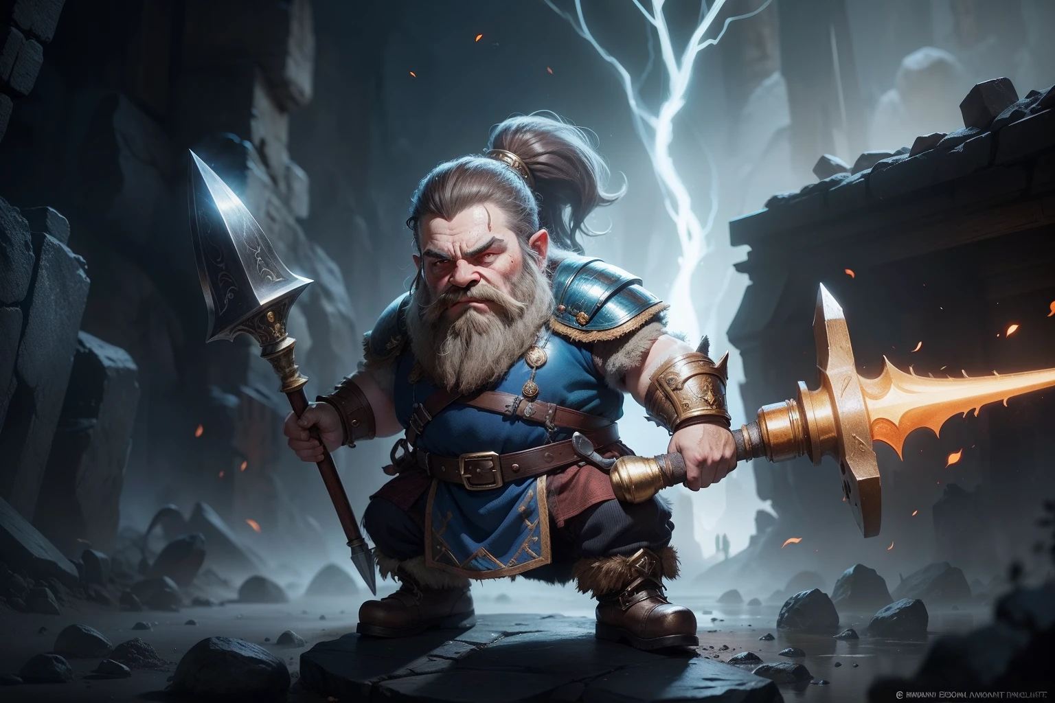 A dwarf with fiery eyes, With a huge magic hammer, Metallic skin