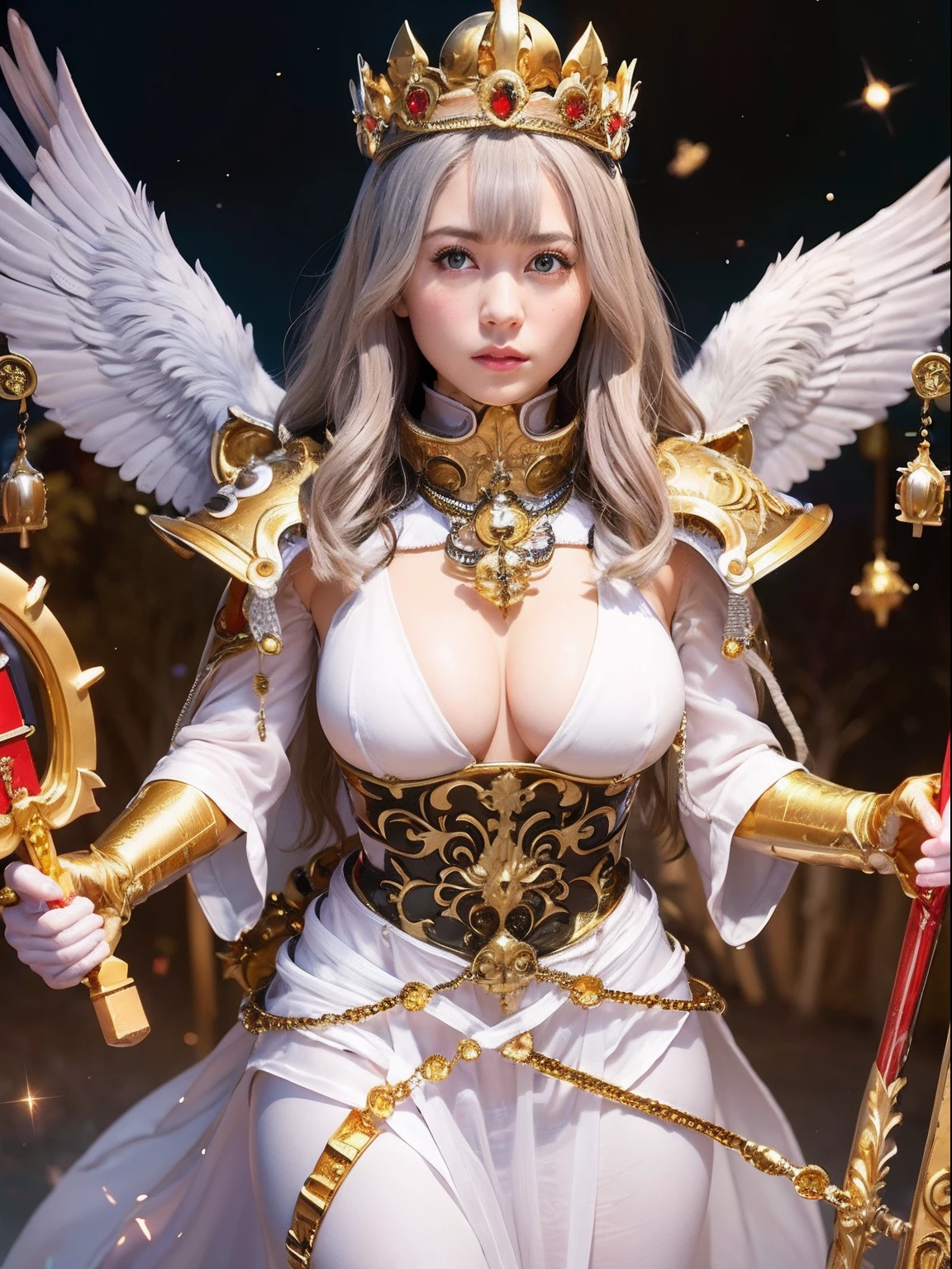 Professional , masterpiece、top-quality、photos realistic , depth of fields (Gemstone White Metal Body:1.9),(Matte White、Jewel Gold Weapon(Jewel Metal Body:1.4),Gorgeous metal weapons ,(( Detailed and gorgeous sword of the brave)) ,Light Effects、intense fighting、Wind-effect、magic circles、 (A dark-haired) ,warhammer 40k ,Detail and ornate jewel crown、((Micro Bikini Armor))、((Gangle's forest background))、Beautiful Caucasian beauty、1a person、dynamic ungle,(((Detailed and ornate diamond crown)))、Smaller head、A smile、Background inside the castle、Thin and beautiful female hands、cleavage of the breast、Soldier in iron armor on background、Mystical expression、Light Effects、intense fighting、Wind-effect、magic circles、With the legendary magic wand、(wings of light)、Toostock、Anatomically correct body、