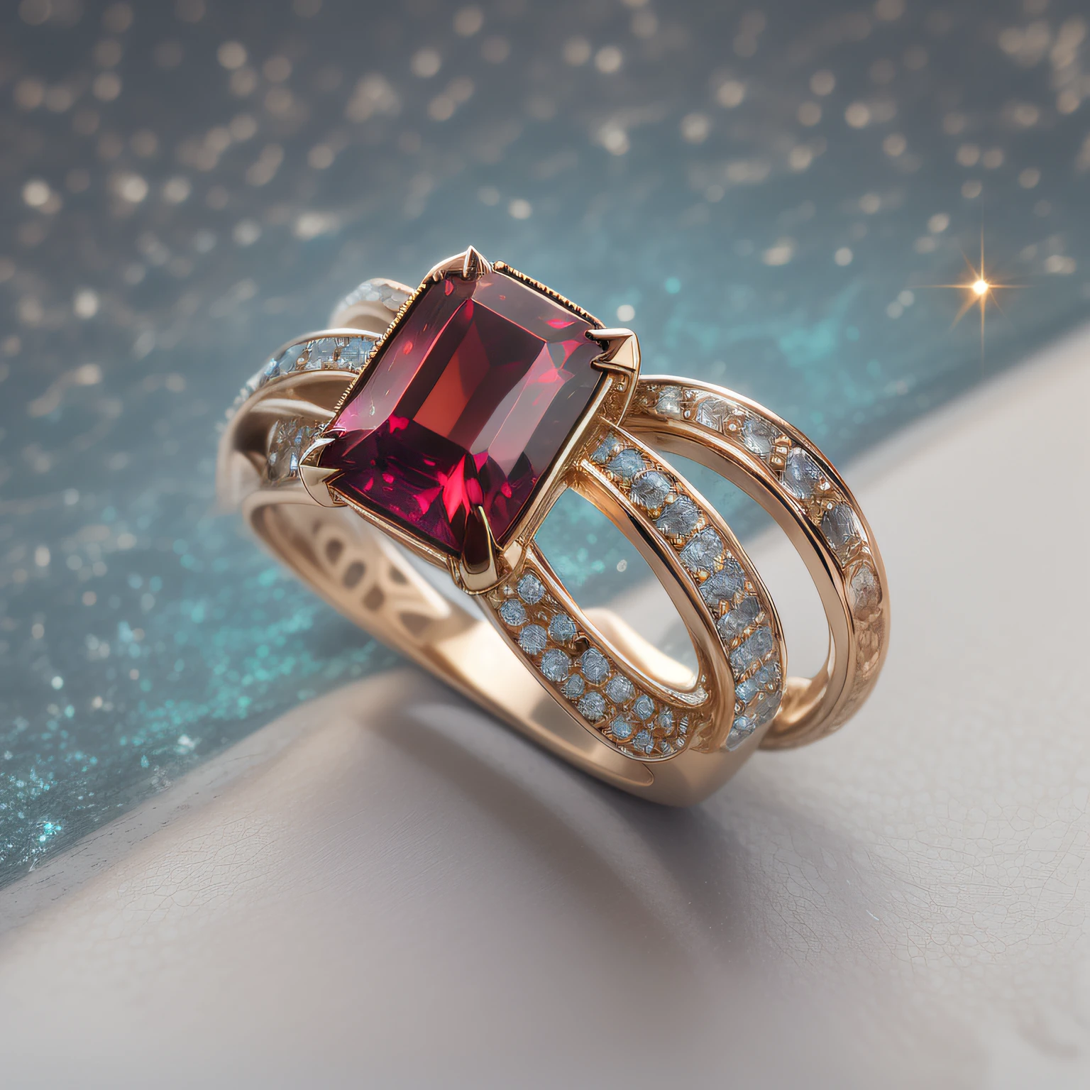 Masterpiece,highest quality,(Nothing but the ring),(No Man),The ring is set with a phoenix,starrysky,Wrapped around the end from beginning to end,Delicate plutinum ring,Starry sky in the ring,The sheen,inverted image,Sparkling red gemstones,Elegant and noble,simple backgound