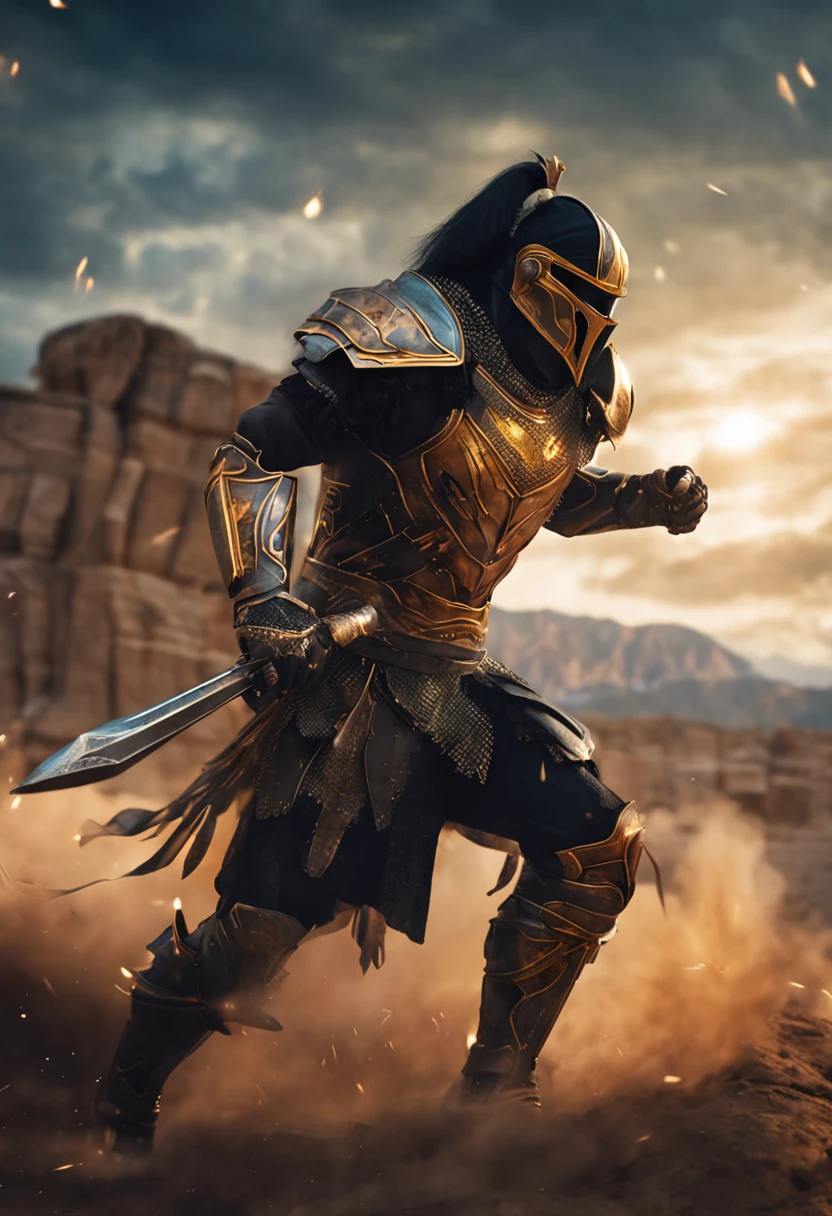 spartan warrior, fighting , stunning armor, black gold armor, epic, 8k