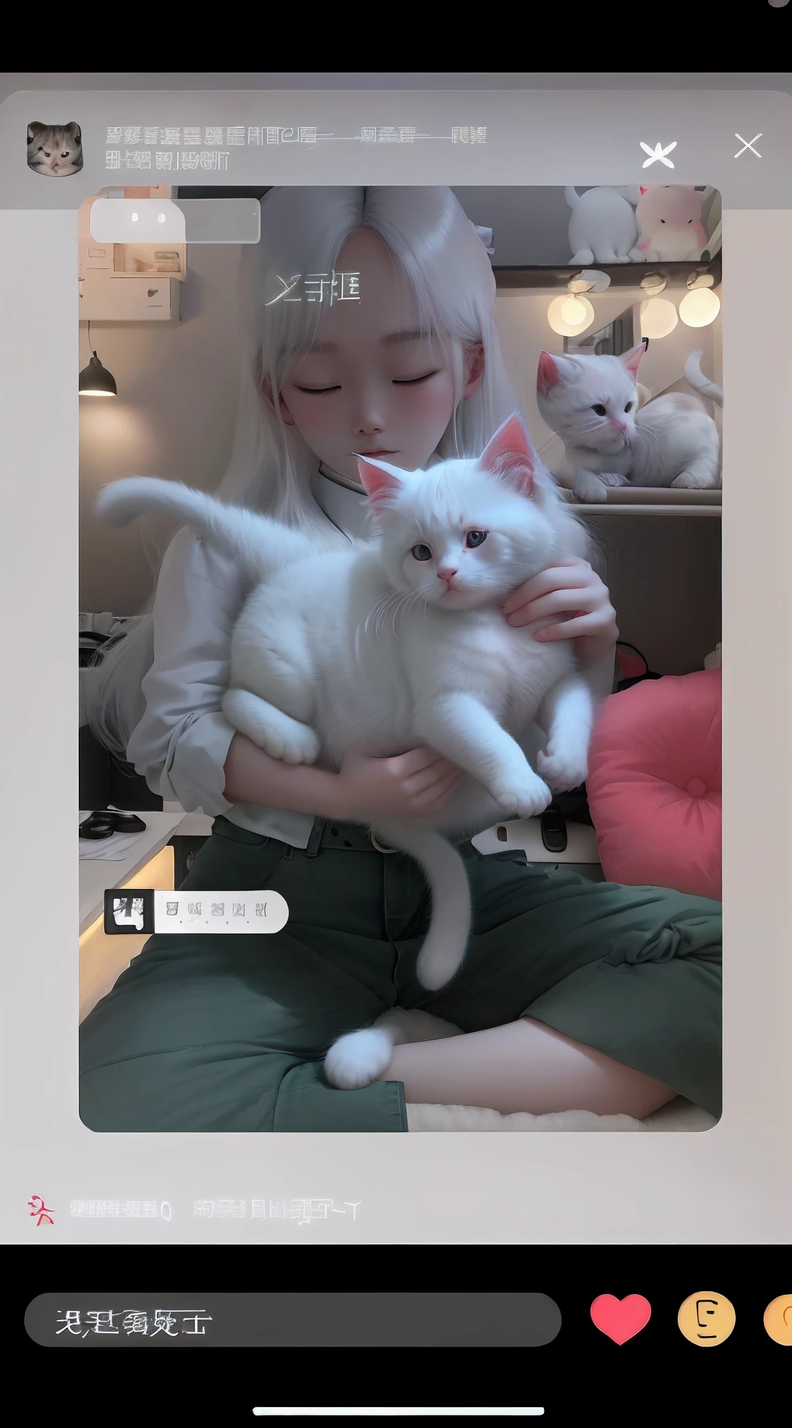 I have a kitten at home，Its hair is white and flawless，Like a white cloud。