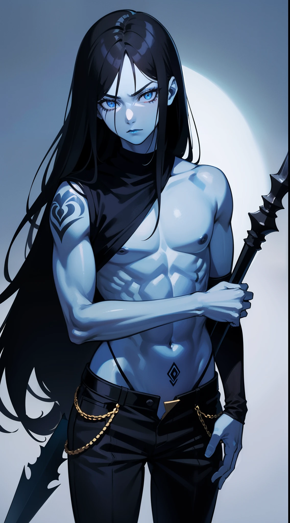 adult man, Long black hair, eyes without pupils, blue skin, Thin, open torso, Tatoo, Demon Pants, spear, emotionless look, blue lipstick, Masterpiece, hiquality