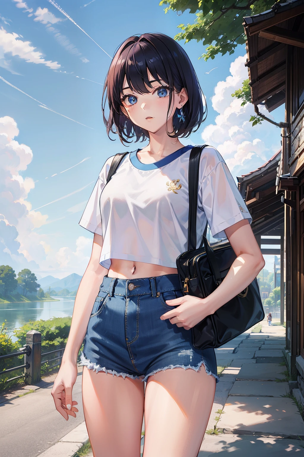 tmasterpiece，super high image quality，独奏，a pregirl，beauitful face，White crop top top，smallunderboob，Denim super shorts，Carrying a school bag，exteriors，parks，Walk on stone paths，laid back，with blue sky and white clouds，rays of sunshine，riverbank