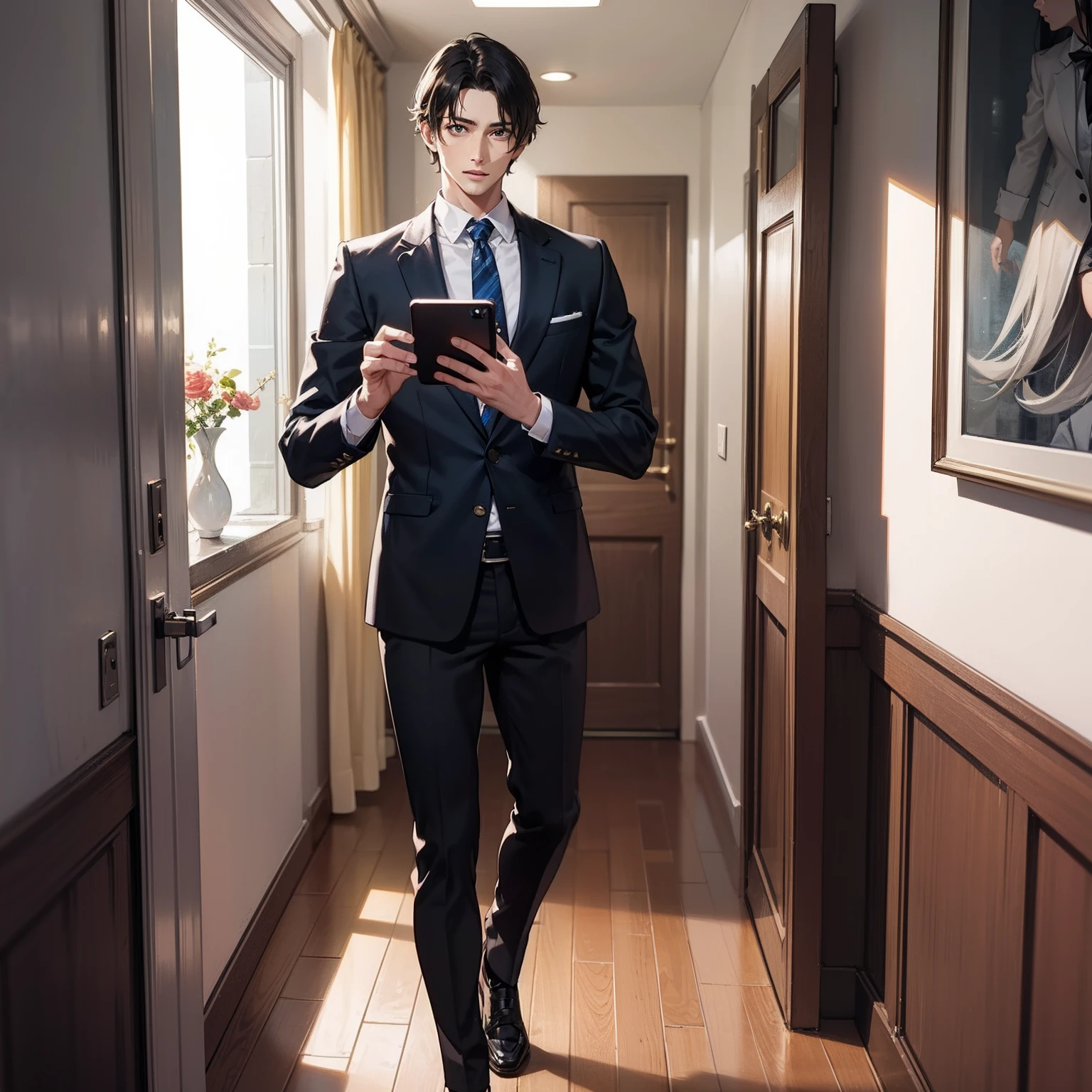 gentleman, , 4K, hyper HD, Masterpiece,Holding the phone in the room