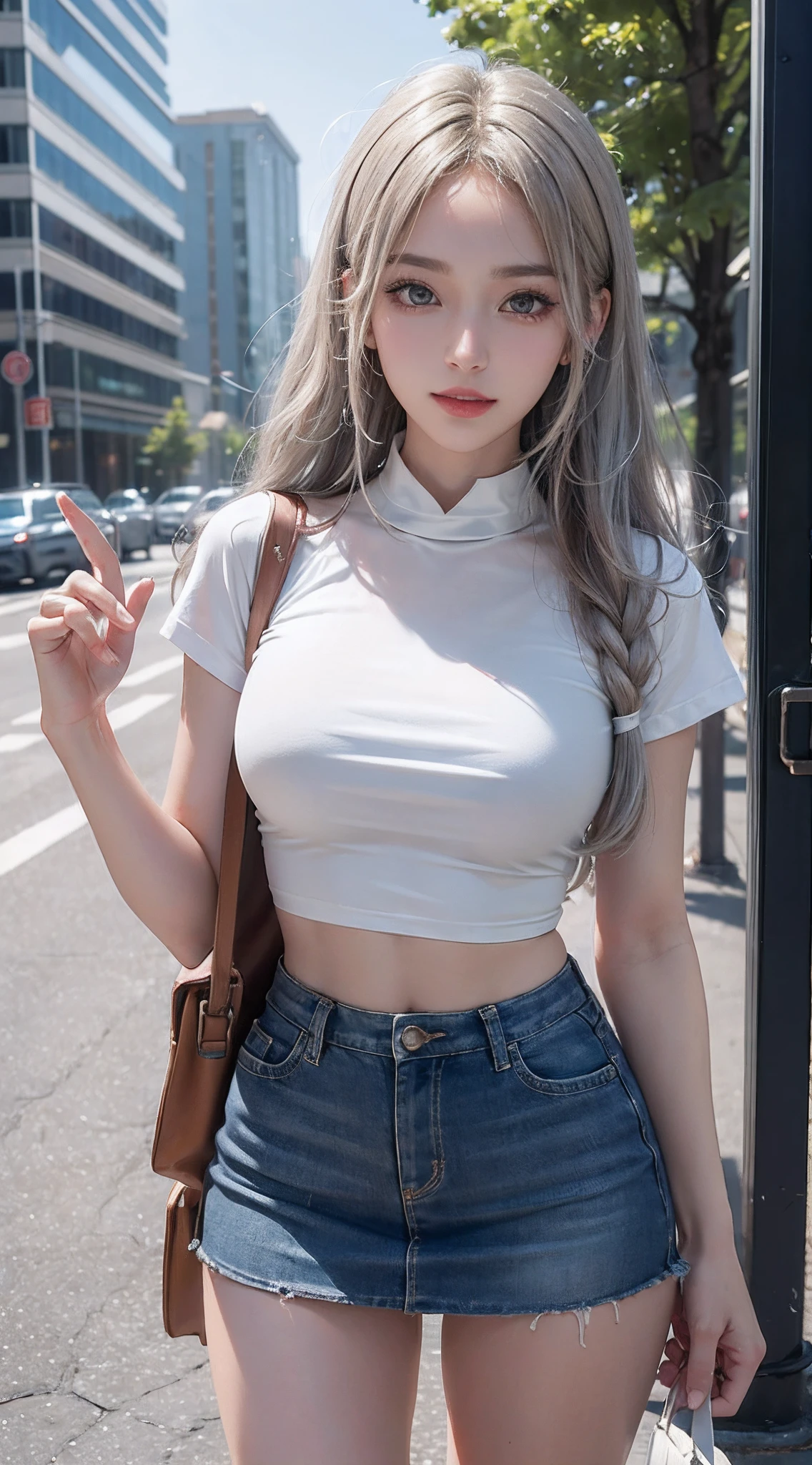 (Best Quality, 8K, Masterpiece, Ultra HD: 1.3), (K-Pop Idol: 1.4), 1 Pretty Girl, (Big Breasts: 1.2), (Long Hair), Abs, Perfect Figure, Ultra Fine Face, Delicate Lips, Beautiful, dewy skin, sweaty skin, wavy blonde hair, silver light hair , super fine hand, fine finger , Tight shirt (transperent), ((detailed vagina)), opened shirt show nipples , naked, ((naked)), detailed nipples , on the street, building, building, punk girl, transparent, smiling , Long legs, detailed legs, fine legs