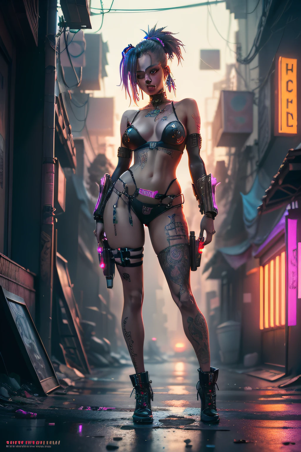 (an artistic photograph of a cyberpunk prostitute),full body shot, centered, (extremely detailed:1.2), (intricate neon slums in the background:1.1), hyper-detailed, (soft lighting:1.2), high resolution, filmic grain.