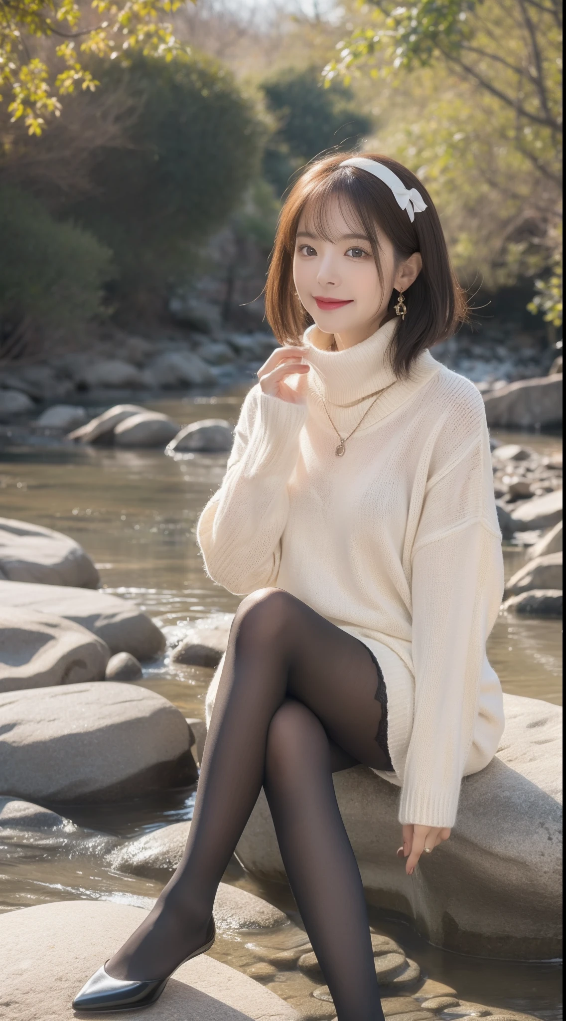 (true to life,Photorealistic 1.5),((best qualtiy, 8K, tmasterpiece:1.3)),SLR camera (二重まぶた,largeeyes:1.3),(smile1.5),(Full body photo 1.5)(One person 1.5)Clear focus 1.2, Perfect body beauty:1.4 , Delicate skin1.1,(Short silver-white hair 1.6),(Fashion watch 1.4),(Pure desire 1.3)(Black pantyhose 1.5)(The leg length is 1 meter 21.5),Slender legs,Slender legs,Single room sweater,Bow knot,pleatedskirt,With earrings,bangle,In a creek by the river,sitting on the stone