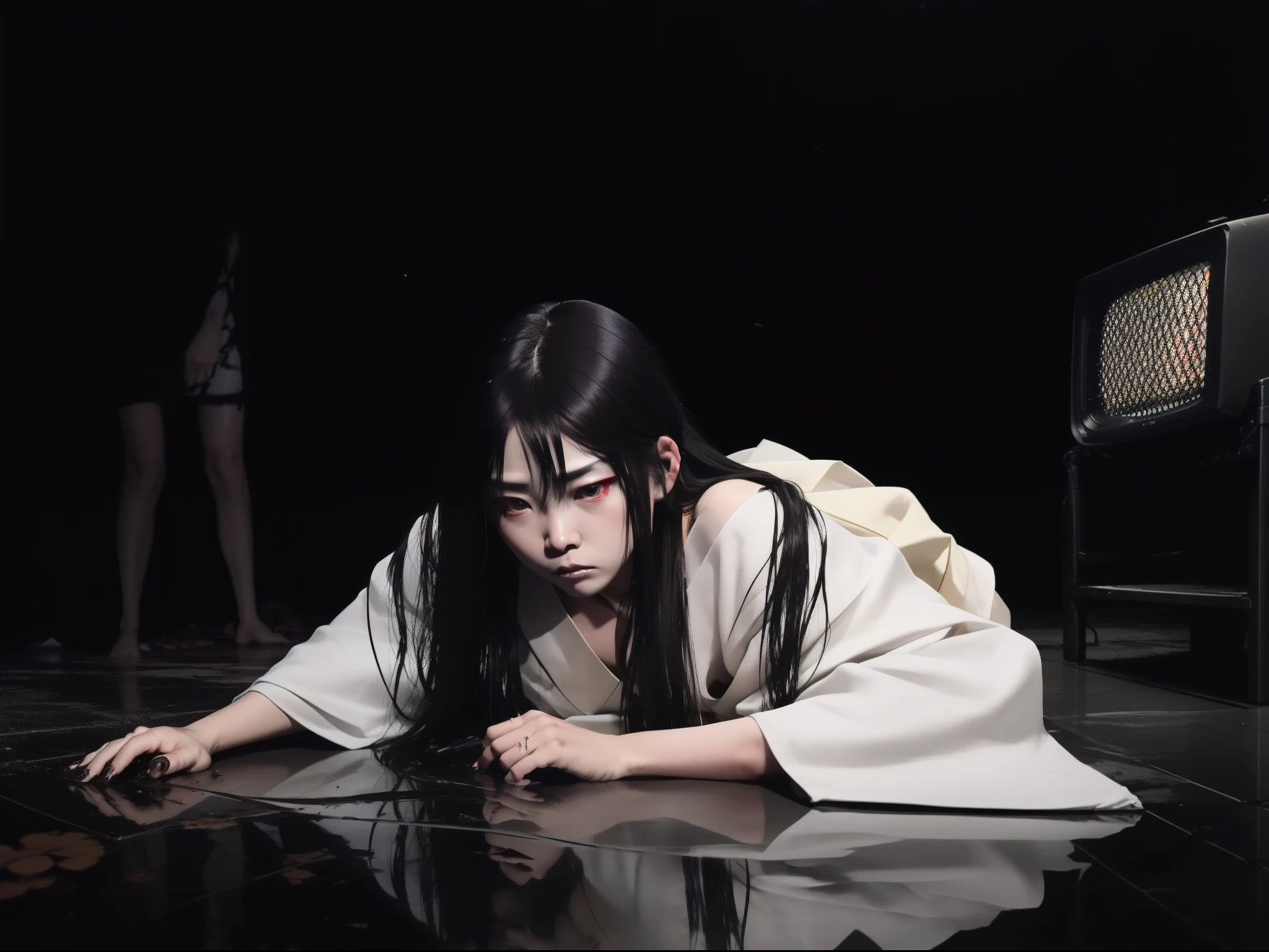 japanese horror, One woman with long black straight hair,(crawling on floor:1.4)、 Face covered with hair, Wearing a dirty white kimono, Spooky, cursed, (Analog TV 1.1), Movie Scene , terrifying, Dark atmosphere,Moody lighting, Film Still、Spirit、total darkness、with their face not visible、resentment、grievances、Reminiscent of Sadako