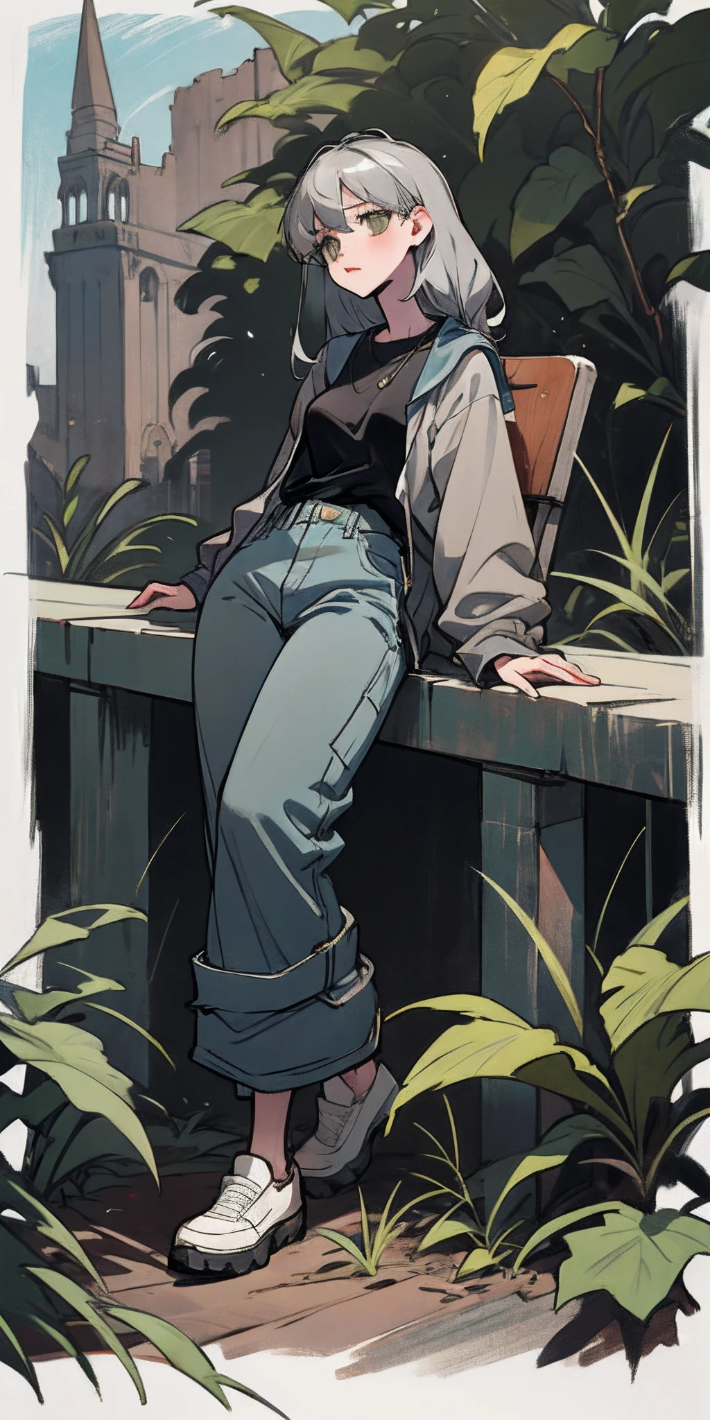 Woman sitting on chair in black top and jeans, Baggy pants, dressed with long fluent clothes, wearing a long flowy fabric, casual clothing style、 wearing a baggy, multilayered outfit, Silver and muted colors, Relaxed style, grey Clothes, Pants, baggy, Gray skin. grunge, Styling、Ruins、Buildings eroded by vegetation,hi-school girl、military outfits