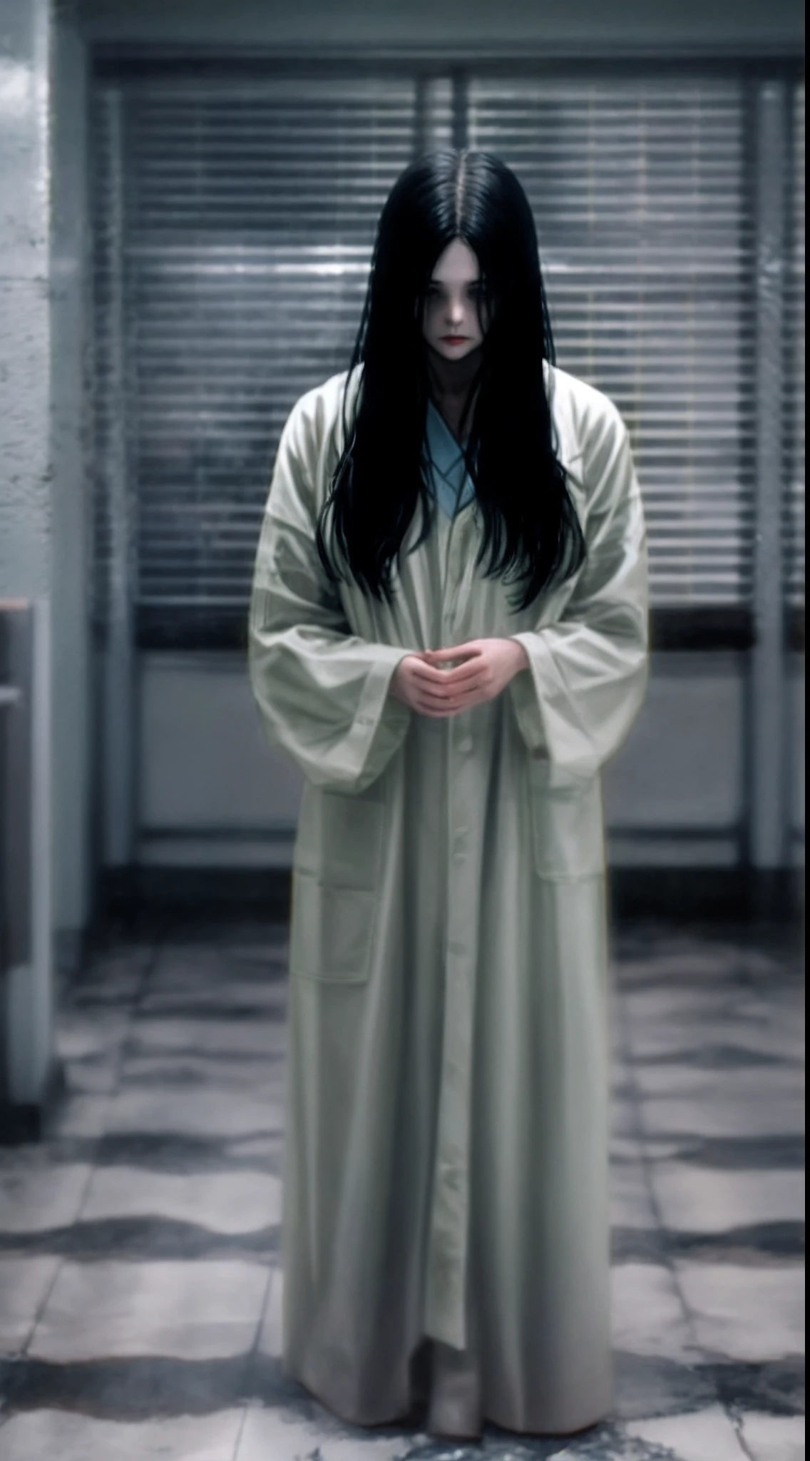Horror movie shot of creepy girl with long straight black hair, No face, Wearing a dirty hospital gown,natta、Stand alone in a haunted house, thirds rule, Tonal color scheme, Pale green, Pensive silence, Bokeh, mystery, Horror, unholy, eery, creepy, Moody lighting, In the style of Denis Villeneuve, Film Still, cinestill 800