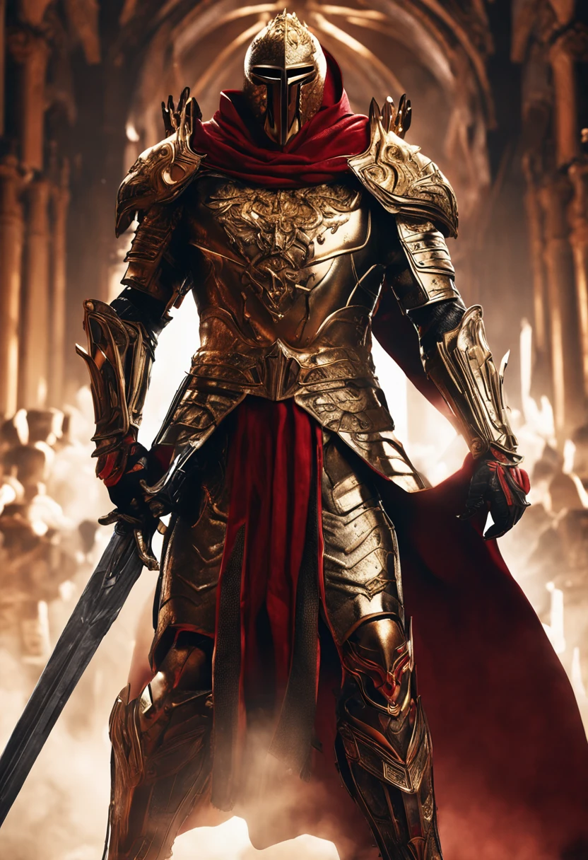 (Ultra-detailed CG unity 8k wallpaper, Masterpiece, Best quality, Depth of field, hdr, Intricate), Tall sinister dark killer,Wearing a metal mask,Bright blood-red eyes,Golden Praetorian Guard armor,Behind him is wearing a gorgeous golden cloak,In his left hand, he holds a sharp giant sword in one hand,Walk through the golden majestic palace, On both sides of the palace stood countless people wearing golden Janissary armor,(Intricate: 1.4) (Masterpiece: 1.4) (illustration: 1.4), Red studio lighting, Post-processing, 8K resolution, Dark background, Imposing, Well-composed photos, Impressive, Dark fantasy,Cinematic real