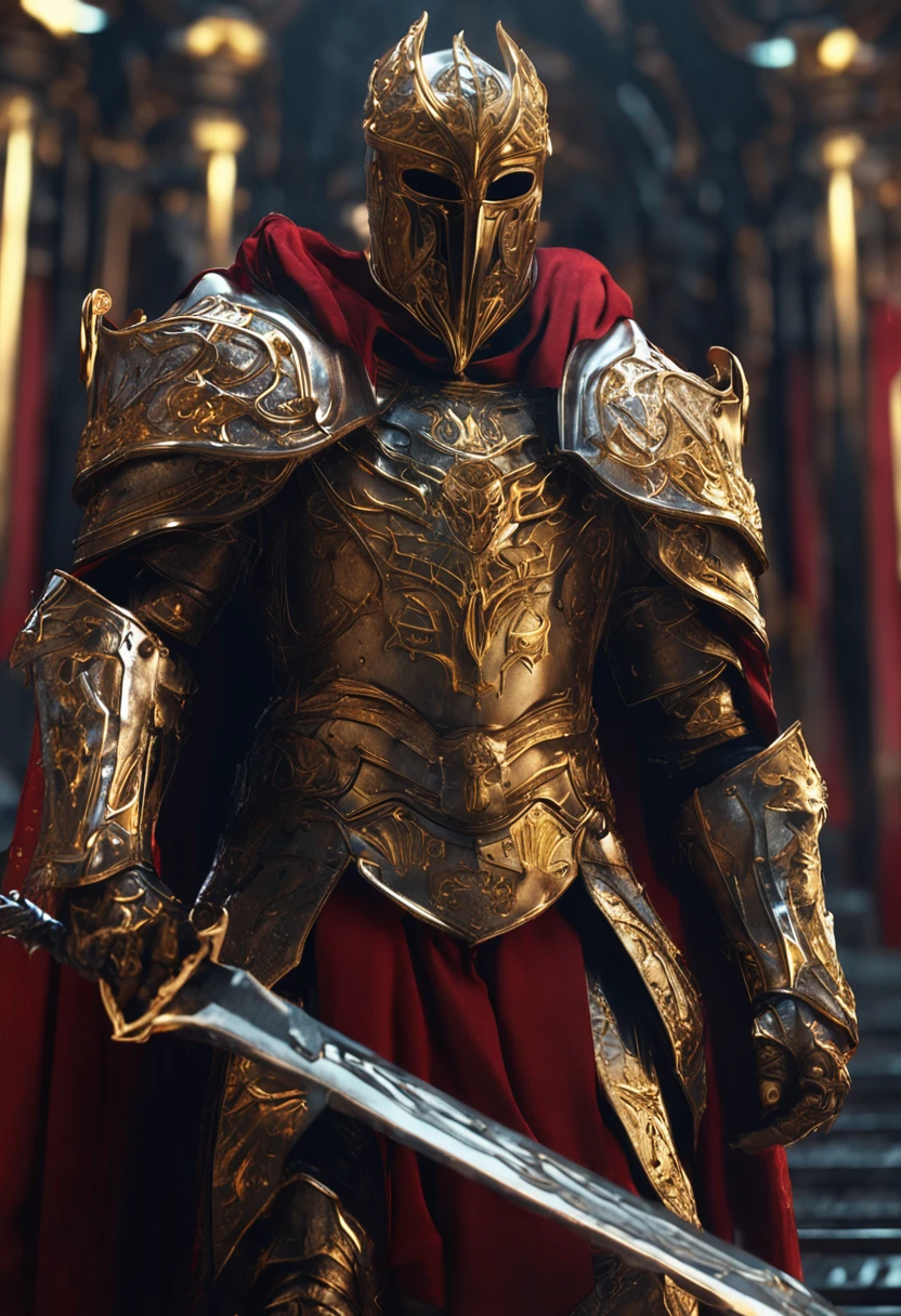 (Ultra-detailed CG unity 8k wallpaper, Masterpiece, Best quality, Depth of field, hdr, Intricate), Tall sinister dark killer，Wearing a metal mask，Bright blood-red eyes，Golden Praetorian Guard armor，Behind him is wearing a gorgeous golden cloak，In his left hand, he holds a sharp giant sword in one hand，Walk through the golden majestic palace, On both sides of the palace stood countless people wearing golden Janissary armor，(Intricate: 1.4) (Masterpiece: 1.4) (illustration: 1.4), Red studio lighting, Post-processing, 8K resolution, Dark background, Imposing, Well-composed photos, Impressive, Dark fantasy，Cinematic real