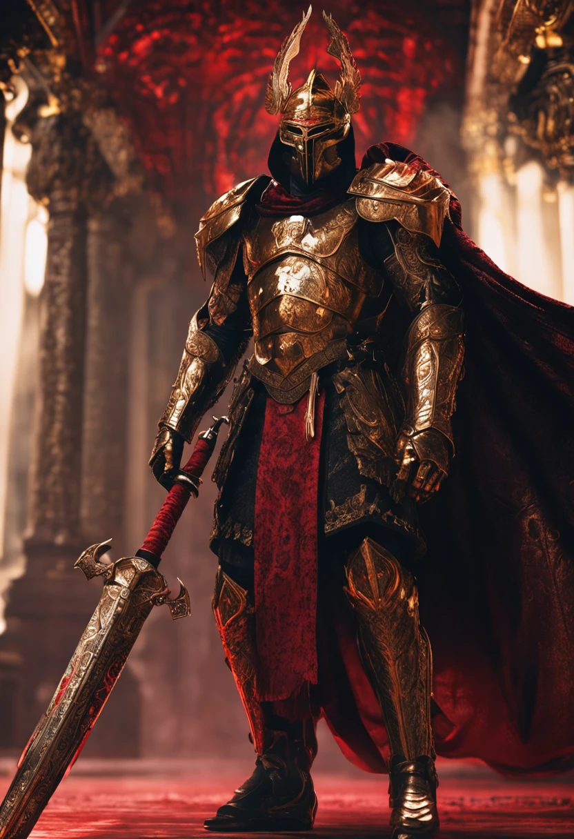 (Ultra-detailed CG unity 8k wallpaper, Masterpiece, Best quality, Depth of field, hdr, Intricate), Tall sinister dark killer，Wearing a metal mask，Bright blood-red eyes，Golden Praetorian Guard armor，Behind him is wearing a gorgeous golden cloak，In his left hand, he holds a sharp giant sword in one hand，Walk through the golden majestic palace, On both sides of the palace stood countless people wearing golden Janissary armor，(Intricate: 1.4) (Masterpiece: 1.4) (illustration: 1.4), Red studio lighting, Post-processing, 8K resolution, Dark background, Imposing, Well-composed photos, Impressive, Dark fantasy，Cinematic real