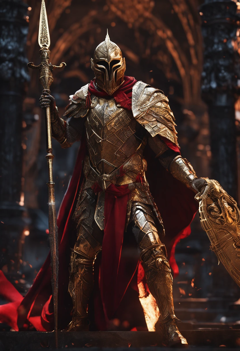 (Ultra-detailed CG unity 8k wallpaper, Masterpiece, Best quality, Depth of field, hdr, Intricate), Tall sinister dark killer,Wearing a metal mask,Bright blood-red eyes,Golden Praetorian Guard armor,Behind him is wearing a gorgeous golden cloak,In his left hand, he holds a sharp giant sword in one hand,Walk through the golden majestic palace, On both sides of the palace stood countless people wearing golden Janissary armor,(Intricate: 1.4) (Masterpiece: 1.4) (illustration: 1.4), Red studio lighting, Post-processing, 8K resolution, Dark background, Imposing, Well-composed photos, Impressive, Dark fantasy,Cinematic real
