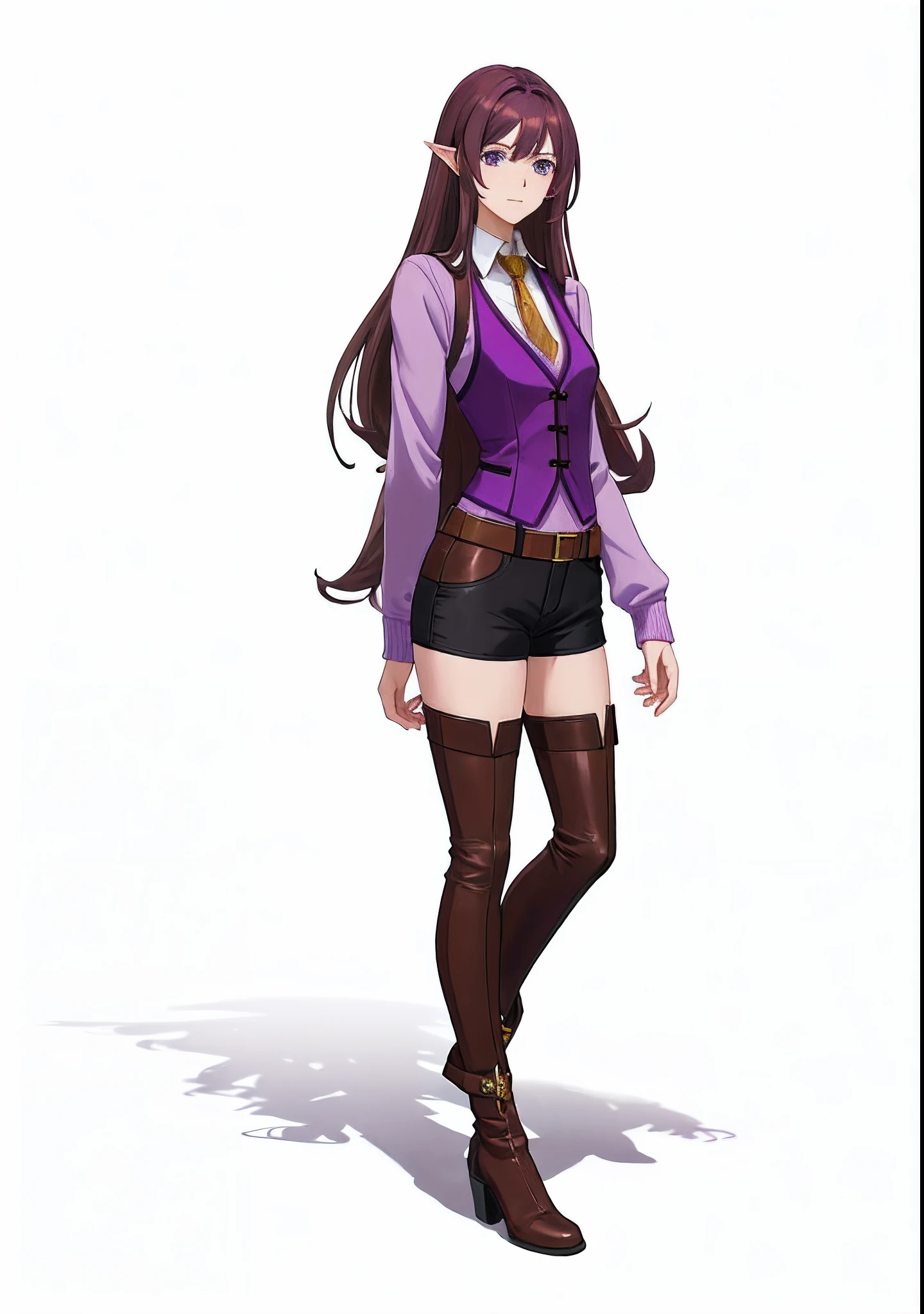 Long brown hair，Purple vest，Beast-eared maiden，Purple-black shorts，Brown mid-heeled leather boots（high-class，Complete body） style of anime