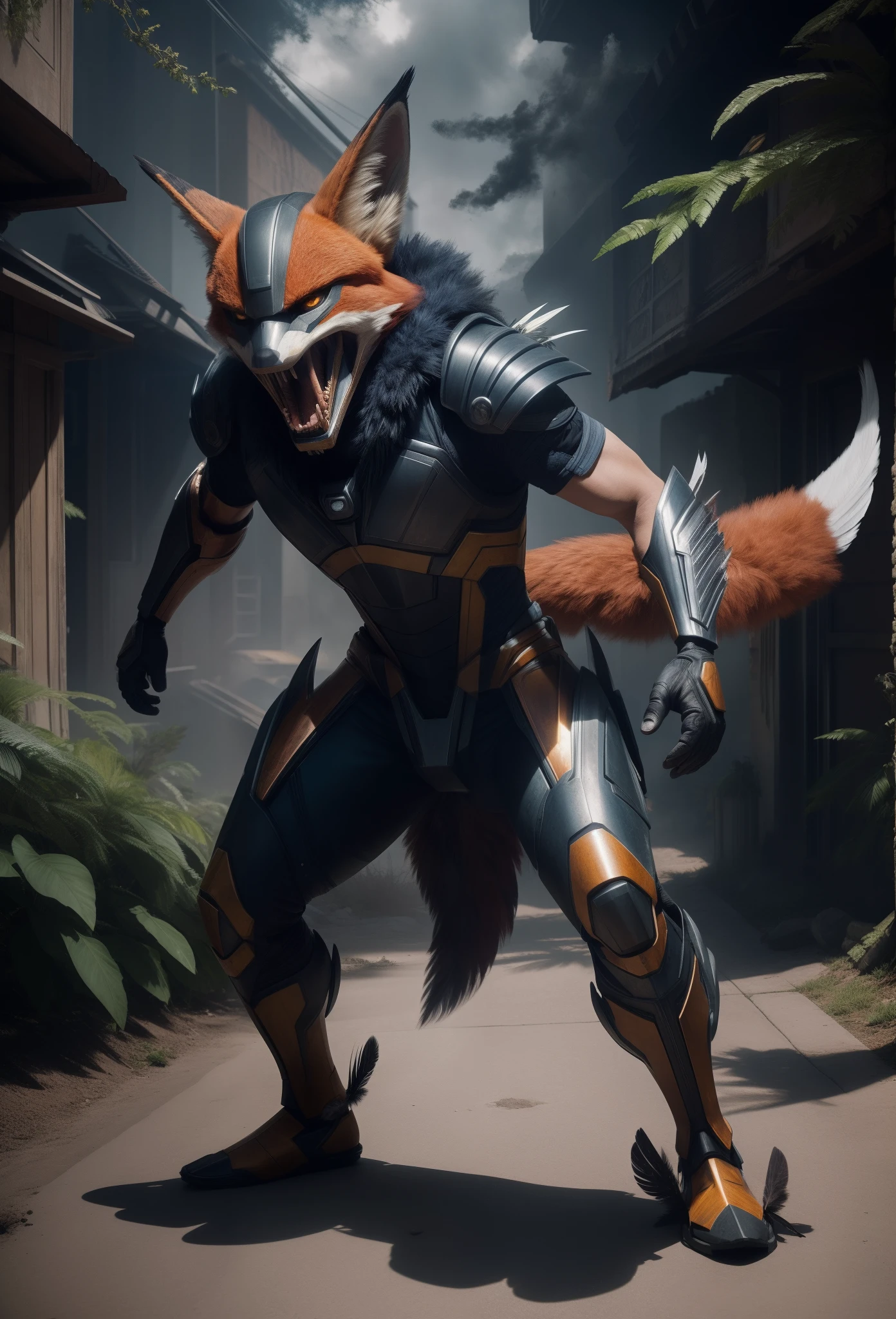 Sci fi humanoid creature with the feathers of a fox and mutant traits similar to rocket teeth, expressive, serious angry face, expressive wearing sci fi armor real photography, natural light, photorealism, cinematic rendering, ray tracing, the highest quality, the highest detail, Cinematic, Third-Person View, Long Exposure, 8K, Ultra-HD, Natural Lighting, Moody Lighting, Cinematic Lighting