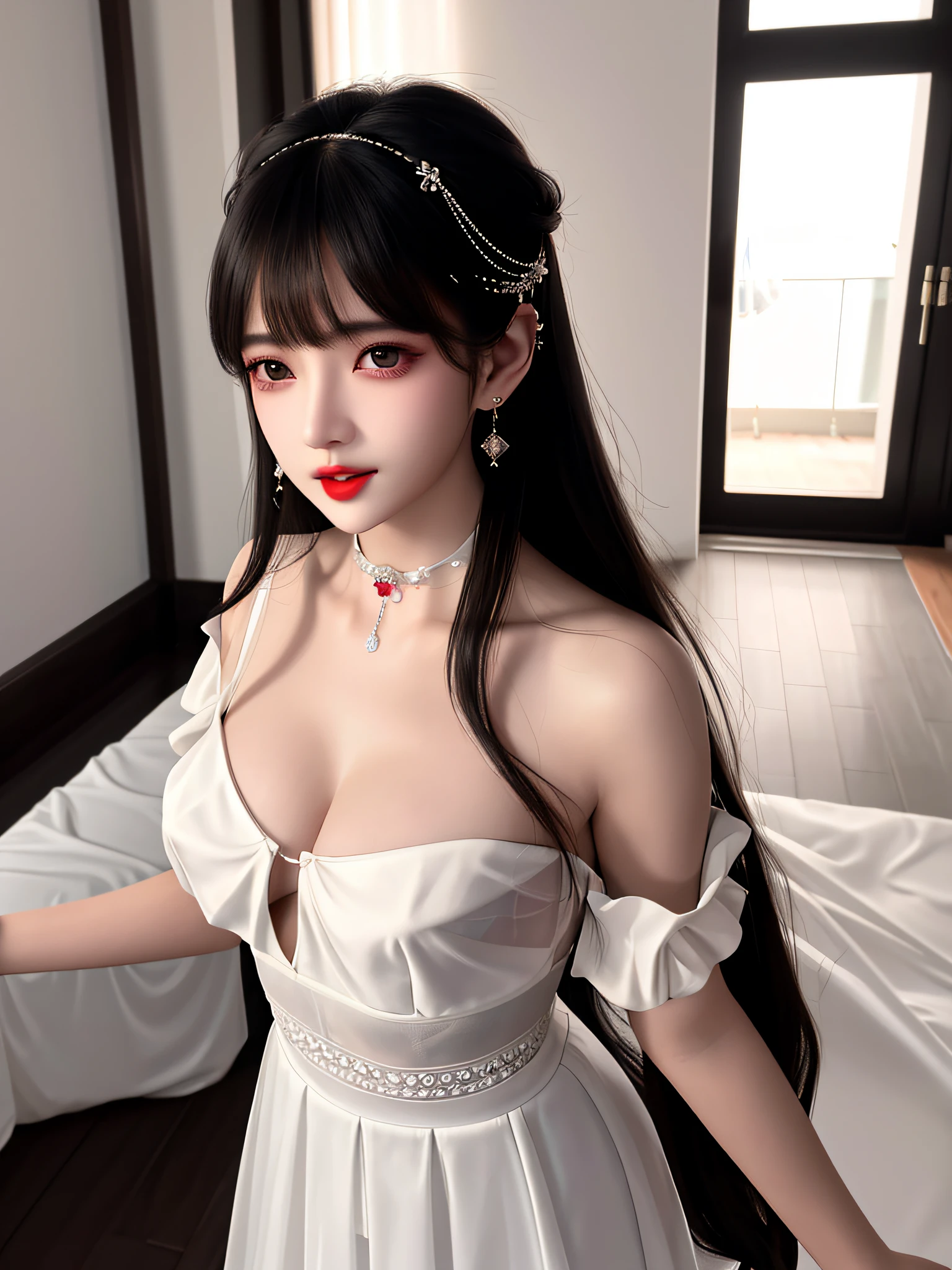 A high resolution、1girl、perfect body figure :1.4,Sheer silk porcelain dress、White bandeau(focal point),Tight underwear,Nice face、hair adornments、looking at viewert、 (cparted lips:1.5),white dresses、Luxuriously silky bright red chiffon overshine(Illusion,glitters,Ultrathin,softness,),hair adornments、choker necklace、jewely、The hairstyle is very long,Wavy、耳Nipple Ring、pretty face、on the body、Tindal effect、hentail realism、Shadow Studio、edge lit、bicolor lighting、(highdetailskin:1.2)、8k UHD、DSLR、softlighting、high high quality,Volumetriclighting,photore,High resolution 4K,8k,blur backgroun,Exposed cleavage