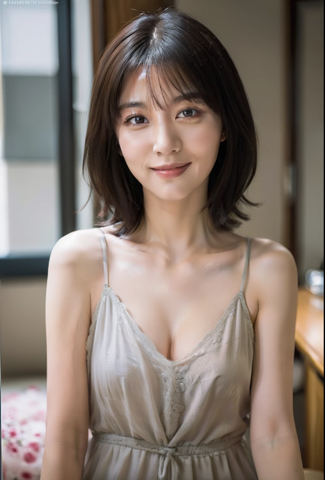 (RAW Photography:1.2),(Photorealsitic:1.6),(masterpiece:1.3),(top-quality:1.4),hight resolution,HDR,8K分辨率,(intricate detailes:1.6),(volumatic light),portlate,A Japanese Lady,40 years,short-hair,Layered Hair,brown haired,extremely detailed eye,Sauce order,Highly detailed eyebrows, highlydetailed skin, highly detail mouth,highly detailed nose,Cute as an idol,Happy smile,White camisole