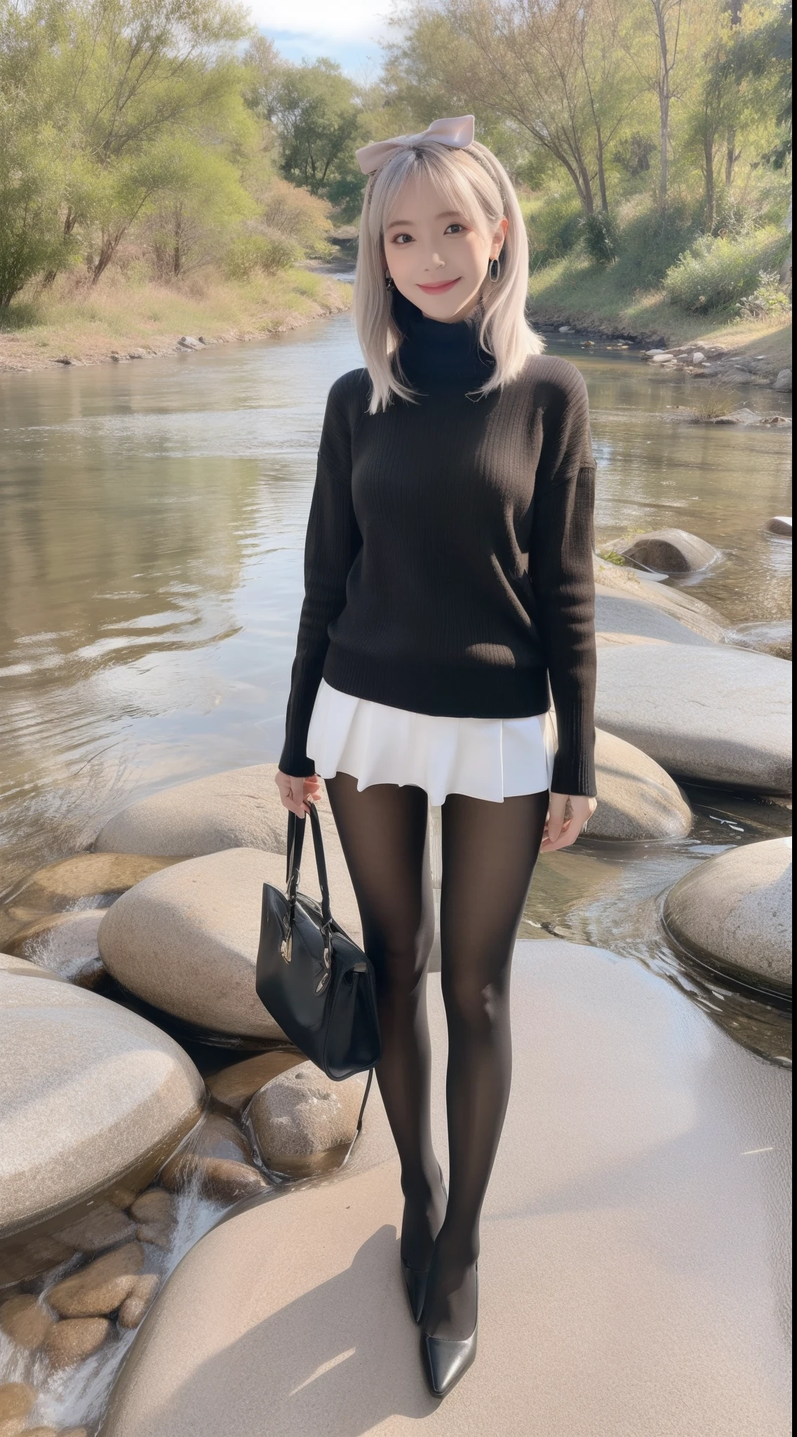 （true to life，Photorealistic 1.5）,((best qualtiy, 8K, tmasterpiece:1.3)),SLR camera (二重まぶた，largeeyes:1.3),（smile1.5），（Full body photo 1.5）（One person 1.5）Clear focus 1.2, Perfect body beauty:1.4 , Delicate skin1.1，（Short silver-white hair 1.6），（Fashion watch 1.4），（Pure desire 1.3）(Black pantyhose 1.5)（The leg length is 1 meter 21.5），Slender legs，Slender legs，Single room sweater，Bow knot，pleatedskirt，With earrings，bangle，In a creek by the river，sitting on the stone