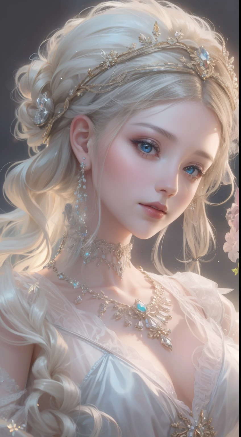 tmasterpiece,Highest high resolution,Bust of a beautiful noble maiden,Delicate braided hair,Coiled hair,Shining clear eyes,The hair is covered with beautiful and delicate floral craftsmanship, crystal、Diamond jewelry filigree,Ultra-detailed details,upscaled,softlighting。