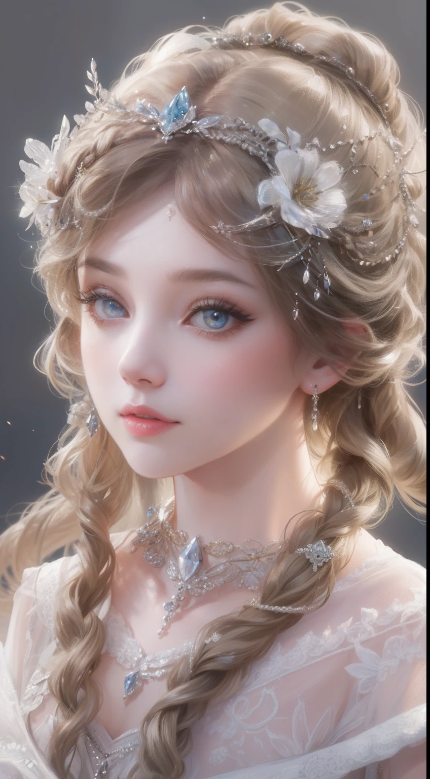 tmasterpiece，Highest high resolution，Bust of a beautiful noble maiden，Delicate braided hair，Coiled hair，Shining clear eyes，The hair is covered with beautiful and delicate floral craftsmanship, crystal、Diamond jewelry filigree，Ultra-detailed details，upscaled，softlighting。