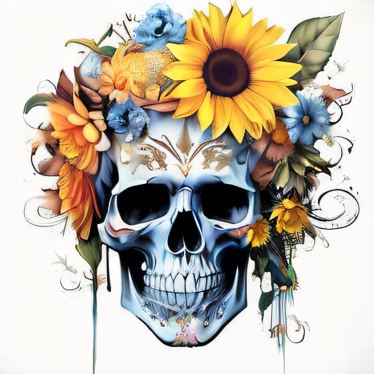 skull with sunflowers and leaves on it's head, with a crown of skulls, profile pic, fantasy skull, sugar skull, skull tattoo, sacred skull, scary detailed art in color, skull paint, skull bones flowers, day of the dead, day of all the dead, a full-color airbrushed, calavera, profile image, death skull