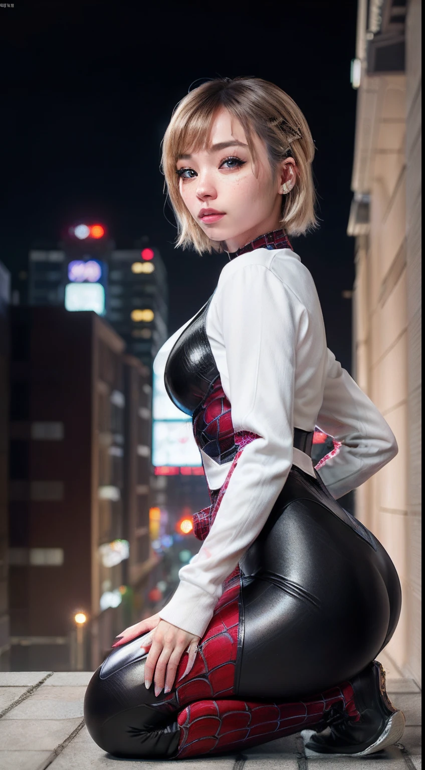 (Masterpiece), ((Best quality)), parted lip, Light_Smile, Cinematic lighting, Ultra-realistic, ((Realistic)), (Gwen_stacy), Blonde_Hair, short_Hair, Solo, side cut, asymmetrical_Hair, parted_Lips, eyebrow_Piercing, (Detailed face), Aesthetic 1 girl, 1girll, Look pitifully at the audience, (Beautiful detailed eyes), tightsuit, spider-suit, White sweater, Portrait, full bodyesbian, (side of head shaved), (Large breasts), Giantess angle, ((shot from far away)), Kneeling, posed for photo, spread their legs, Thin legs, Bokeh, Depth of field, intricately detailed background, En plein air, skyscrapper, (Night:1.6), Neon light, the roof, ((Masterpiece)), Best quality, absurderes, NSFW, photo-realistic, a Pretty Japanese woman, (Perfect detailed face), Detailed eyes, Detailed mouth, Detailed pale skin, Black hair, Fascinating, Seductive, Alluring, Mature face, bangs