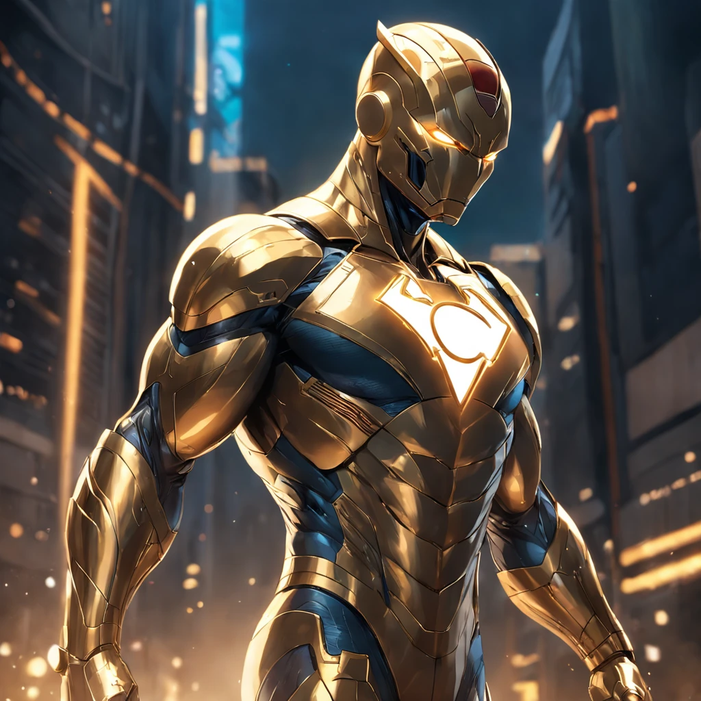 Realistic image of an advanced cybersuit in gold color, DC Comics' Superman