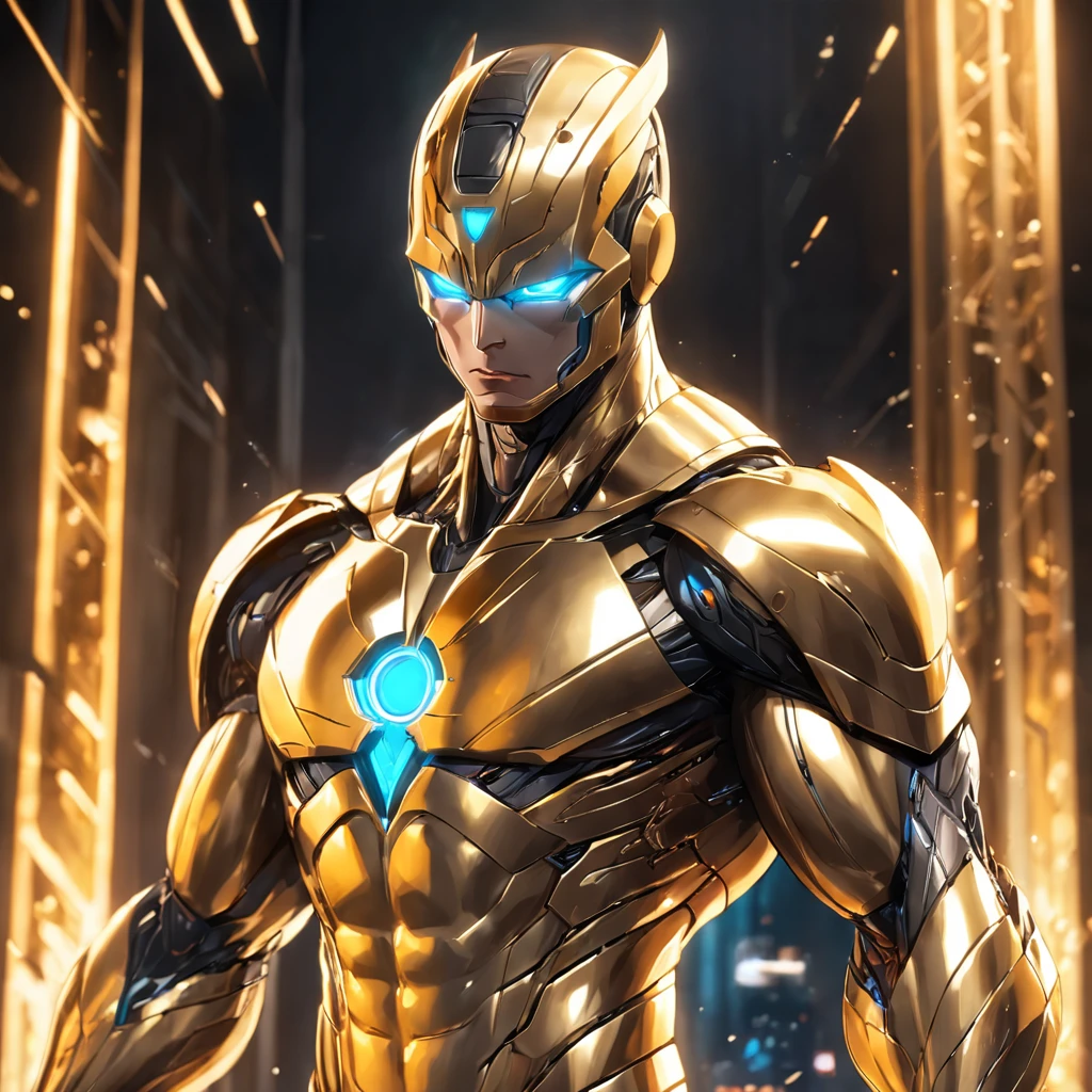 Realistic image of an advanced cybersuit in gold color, DC Comics' Superman