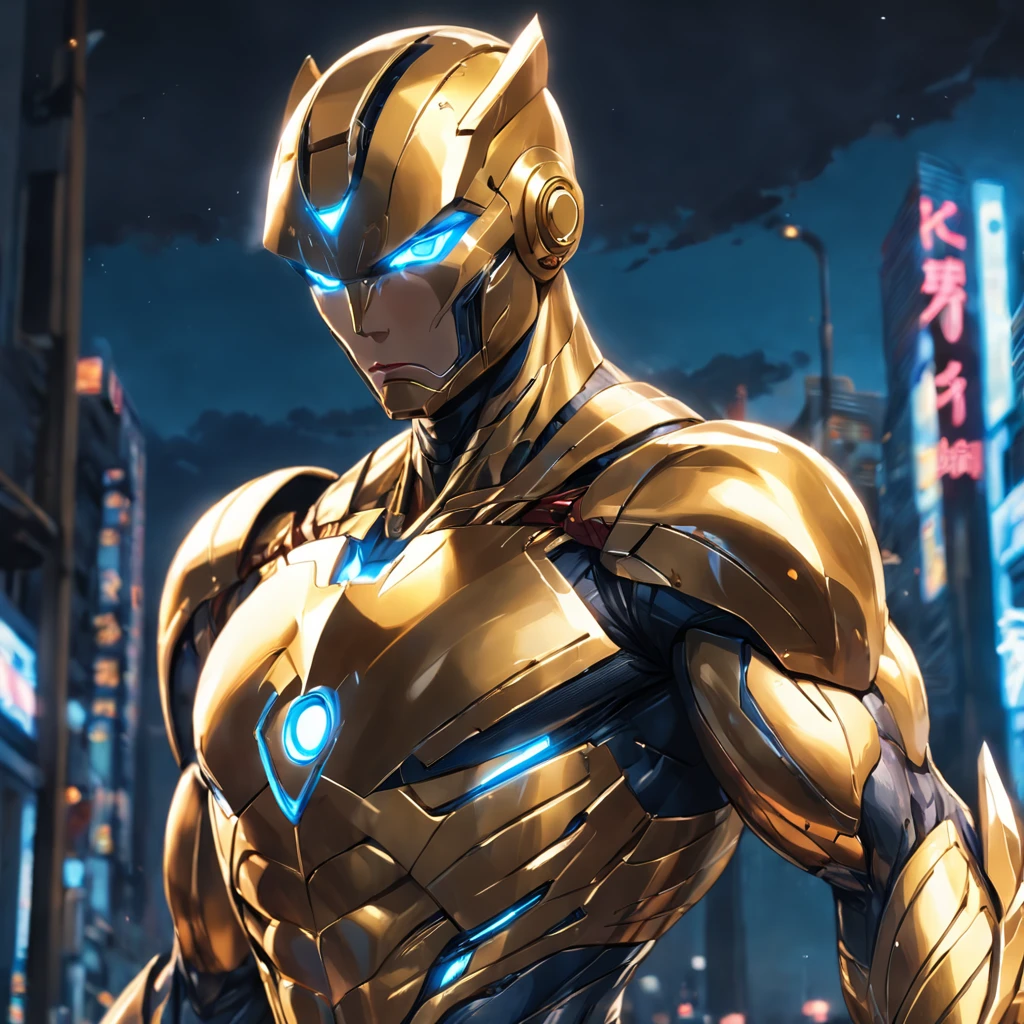 Realistic image of an advanced cybersuit in gold color, DC Comics' Superman