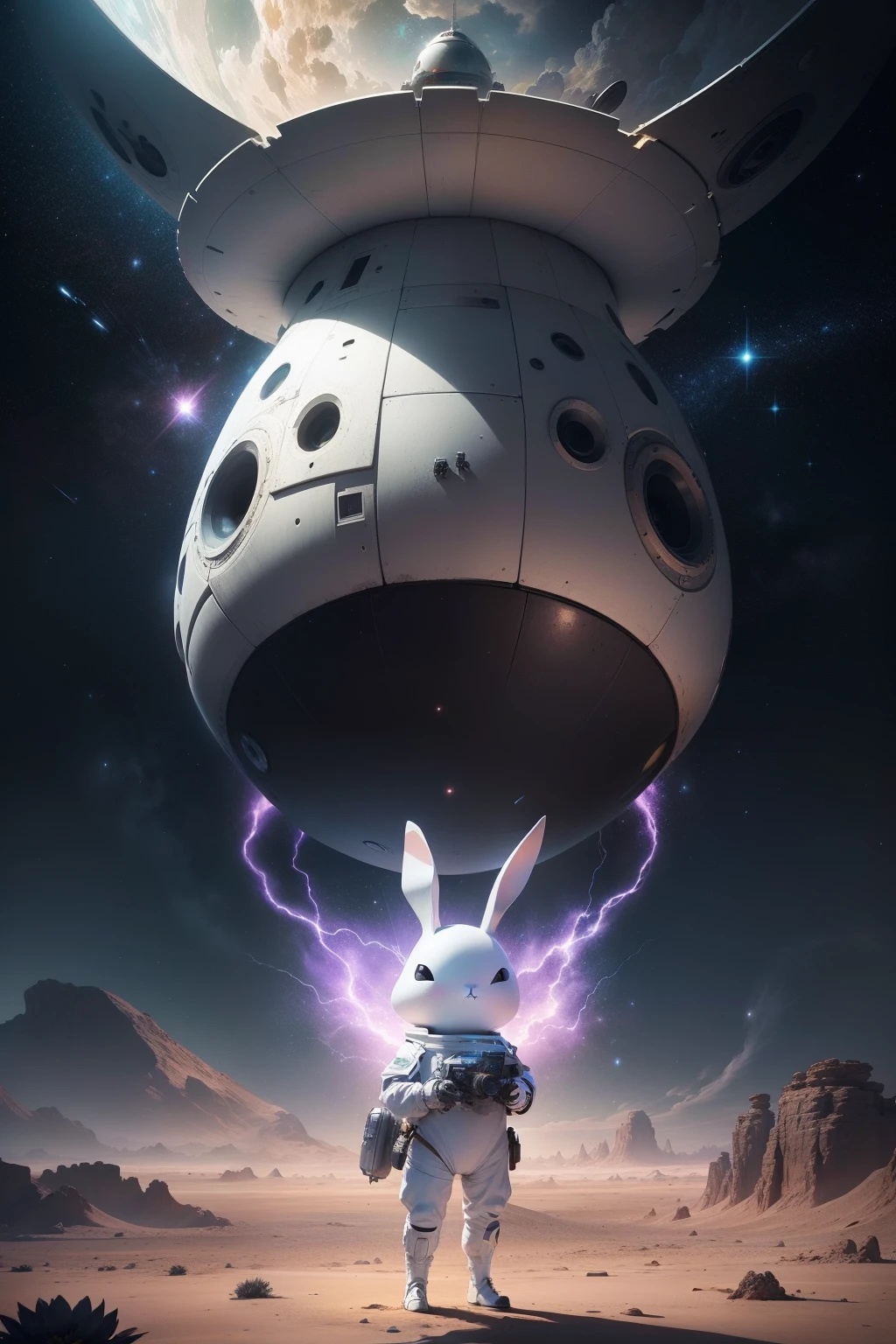 A Strange little white bunny, lands a black sunflower seed shaped spaceship, on an alien desert planet with many oasis, every step he takes explodes in colored light and sound shockwaves, alien peoples greet him, dust sky of fluffy clouds colored by magentas blues and violets, 64k resolution photorealistic hyperdetailed beginning to see stars in the evening sky in the art style of 1970's sci-fi fiction paperback novels.