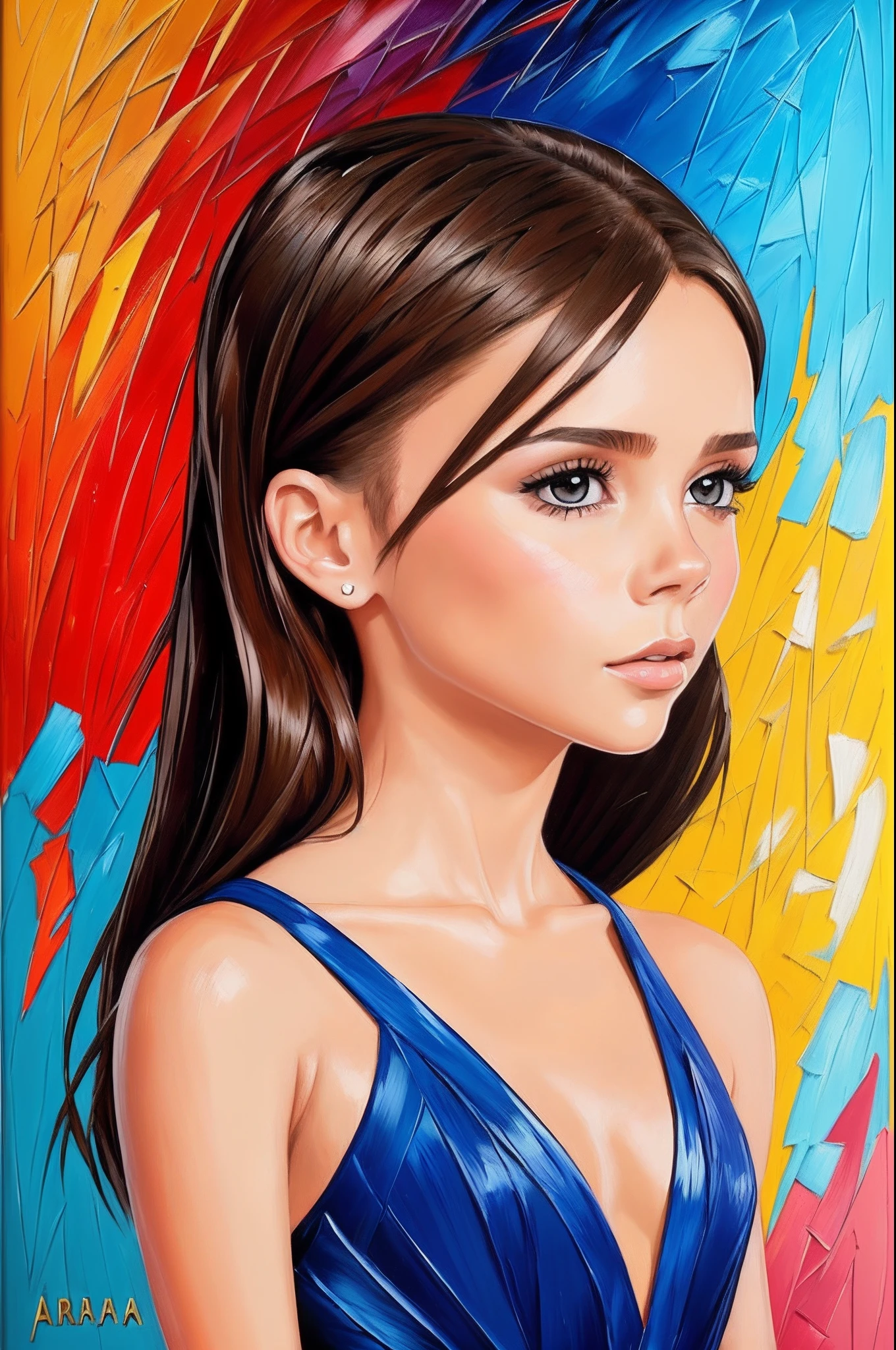 Cute little Victoria Beckham, The plot from the clip "Viva Forever", Позирование viva, ((Arthur-Adams style)), Palette knife-oil painting, Detailed Illustration, ((Best Quality, tmasterpiece)), Extreme detailing, 8K