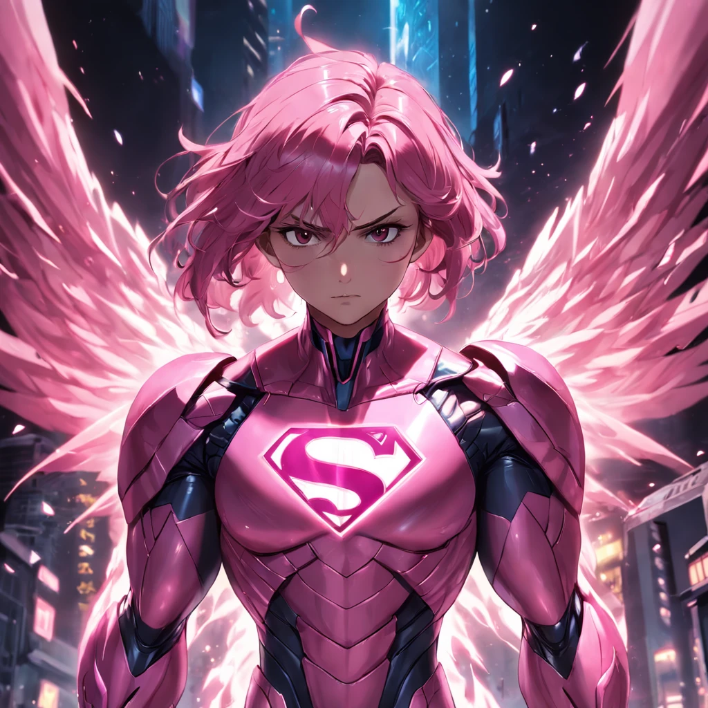 Realistic depiction of an advanced cybersuit in pink color, DC Comics' Superman